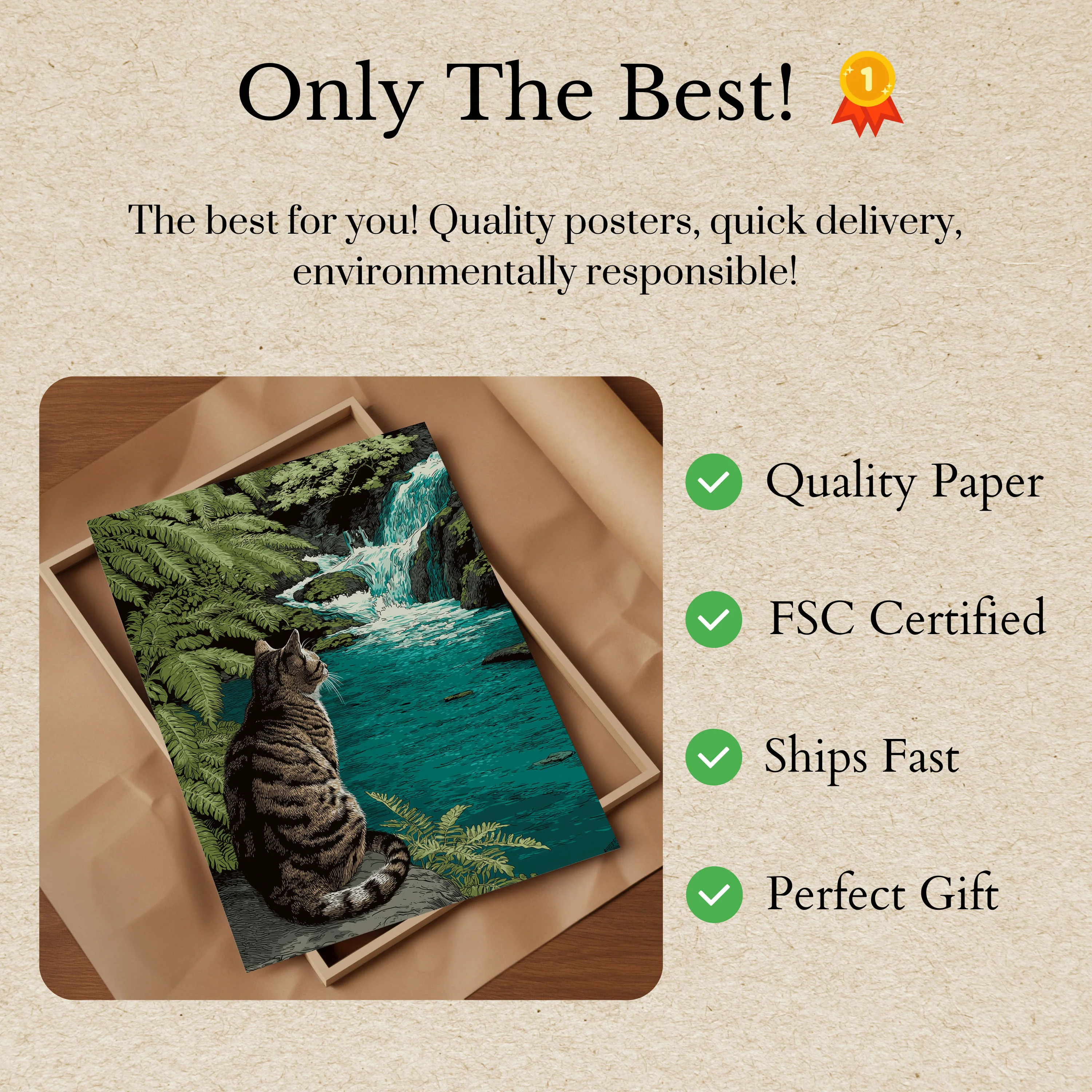 Tabby Cat by Waterfall Poster - Image 3