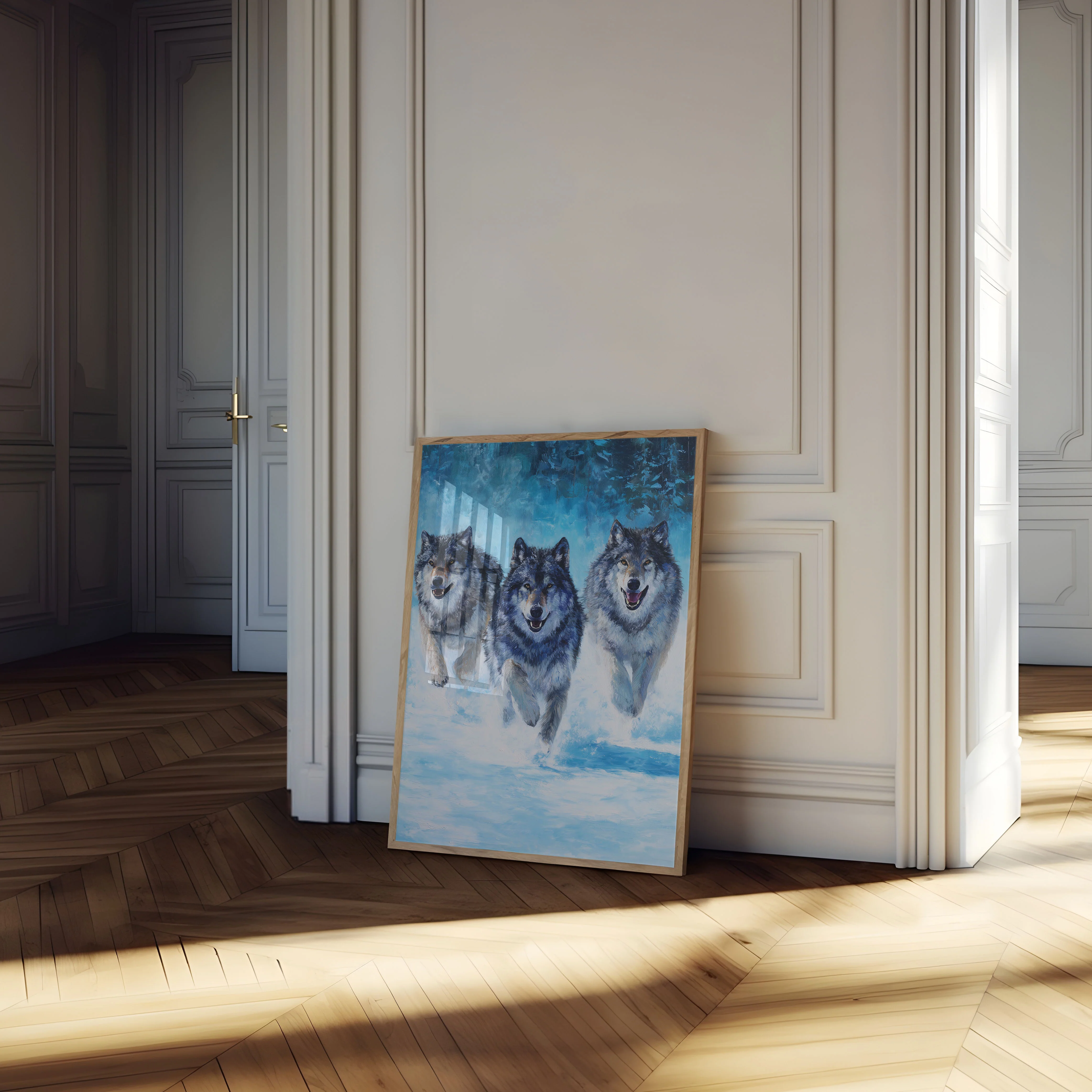 Three Wolves Running in Snow Poster - Image 4