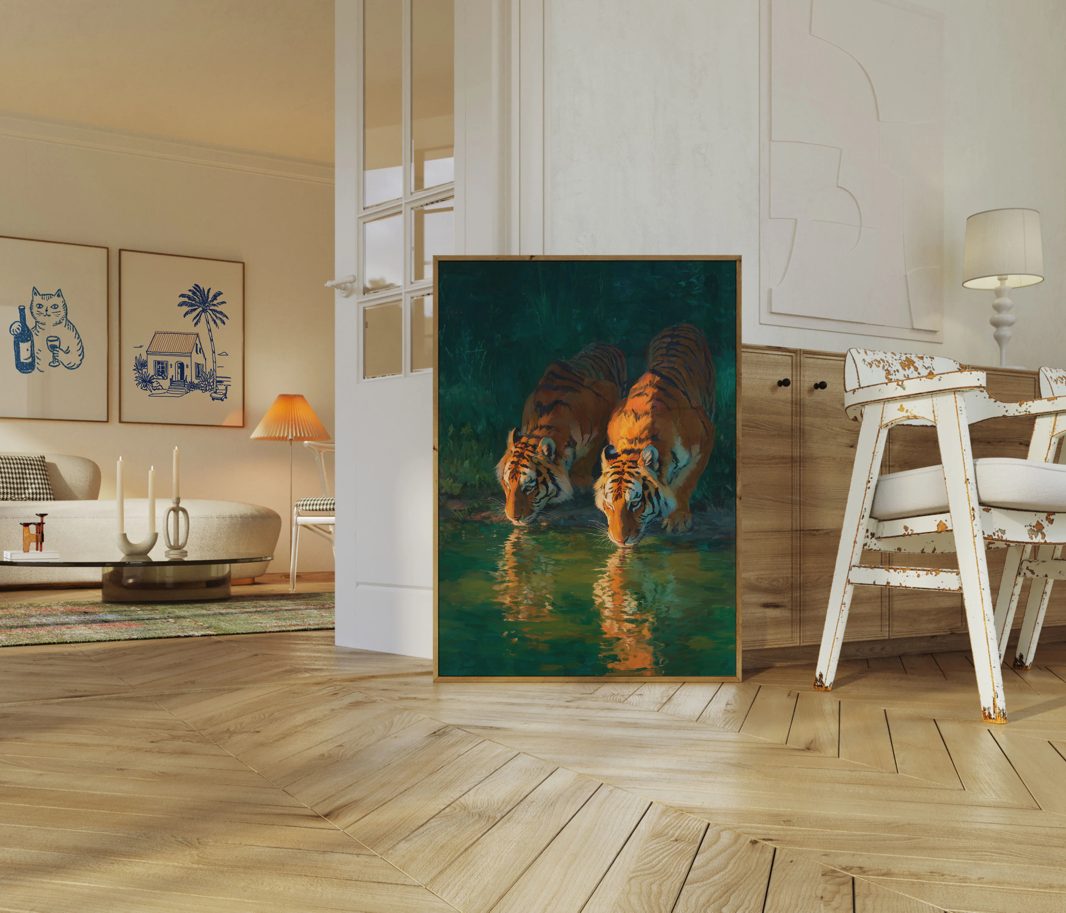 Tigers Drinking at Waterhole Poster - Image 5