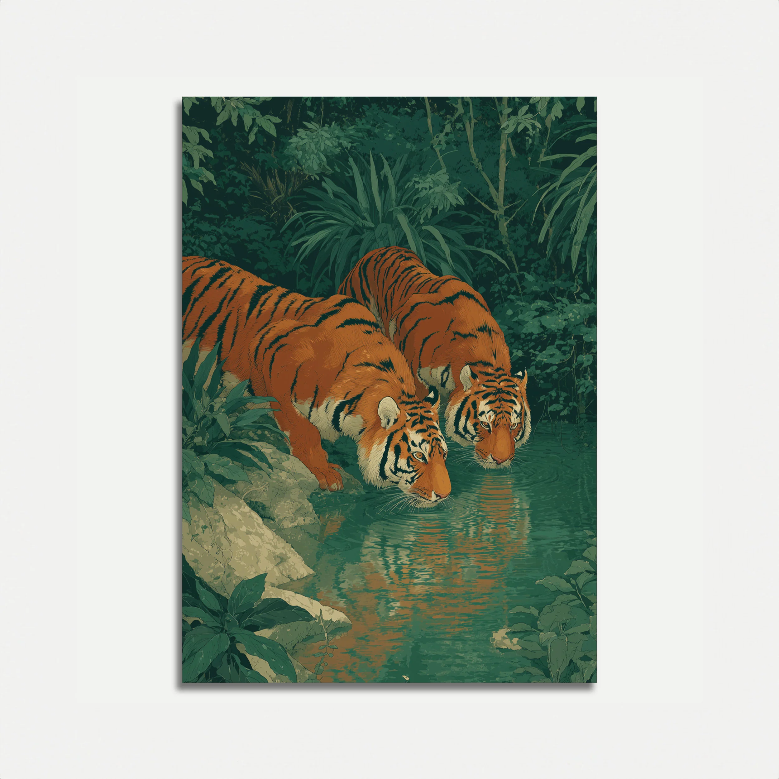 Tigers Drinking from Jungle Stream Poster