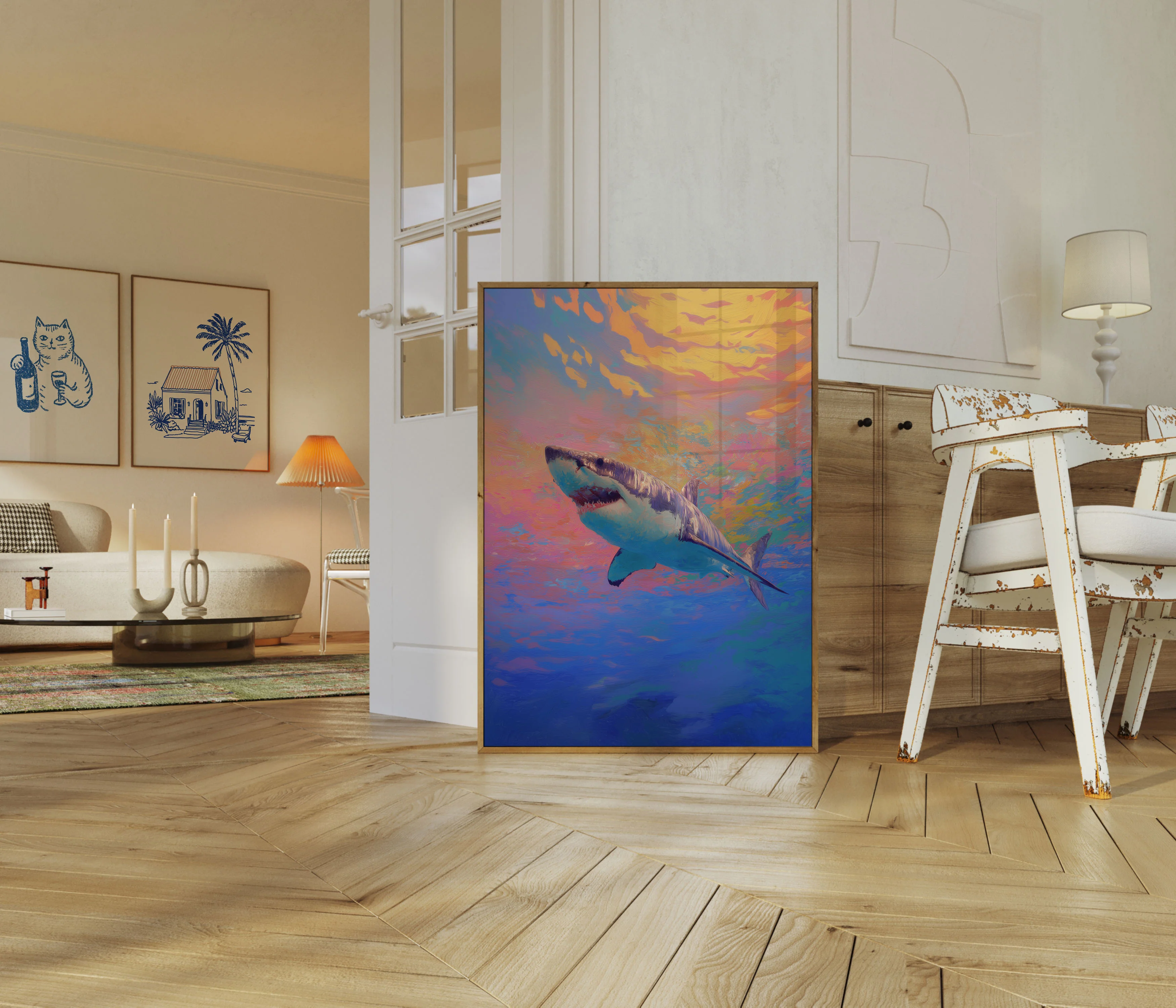 Vibrant Shark Ocean Sunset Poster - Image 5
