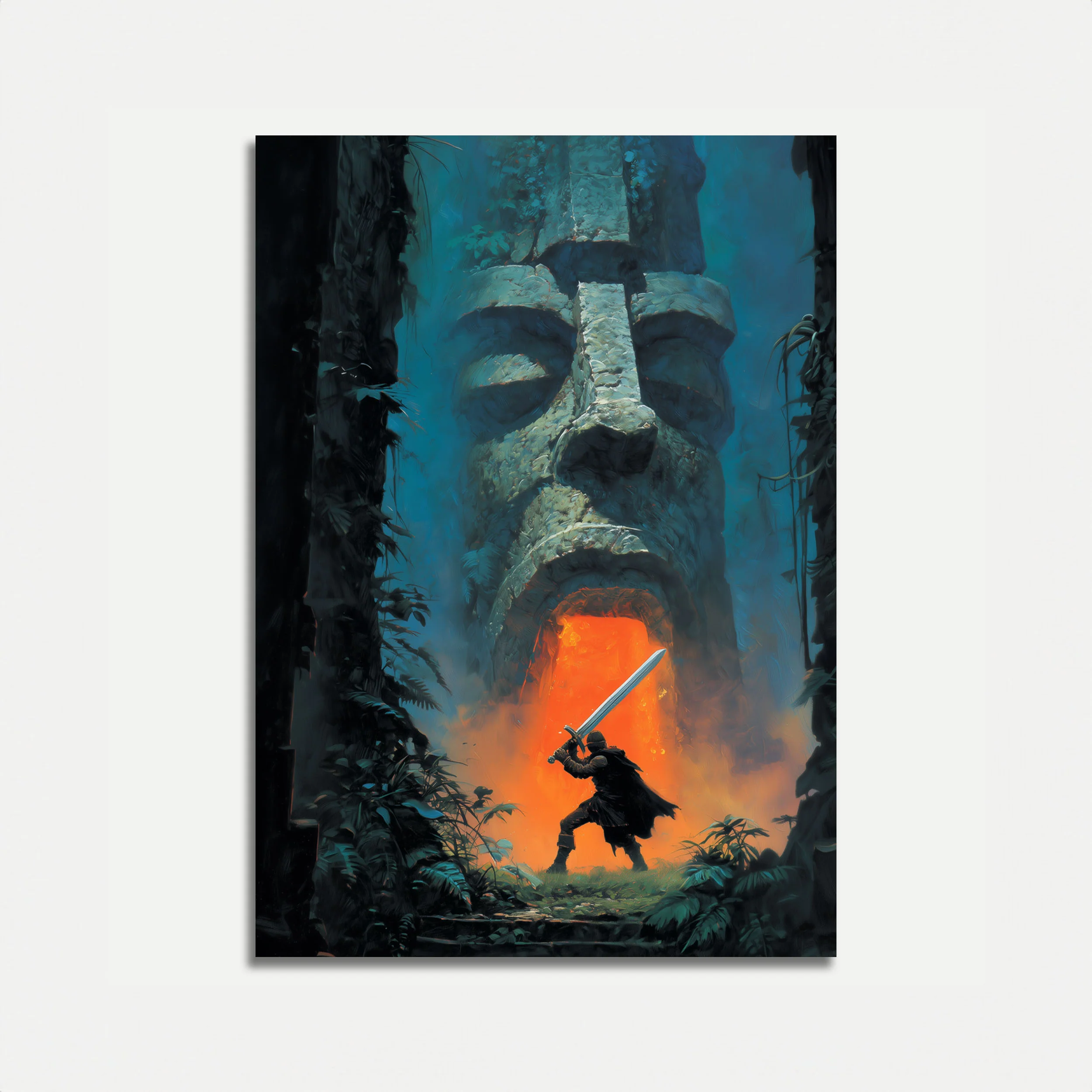 Warrior Facing Ancient Stone Poster