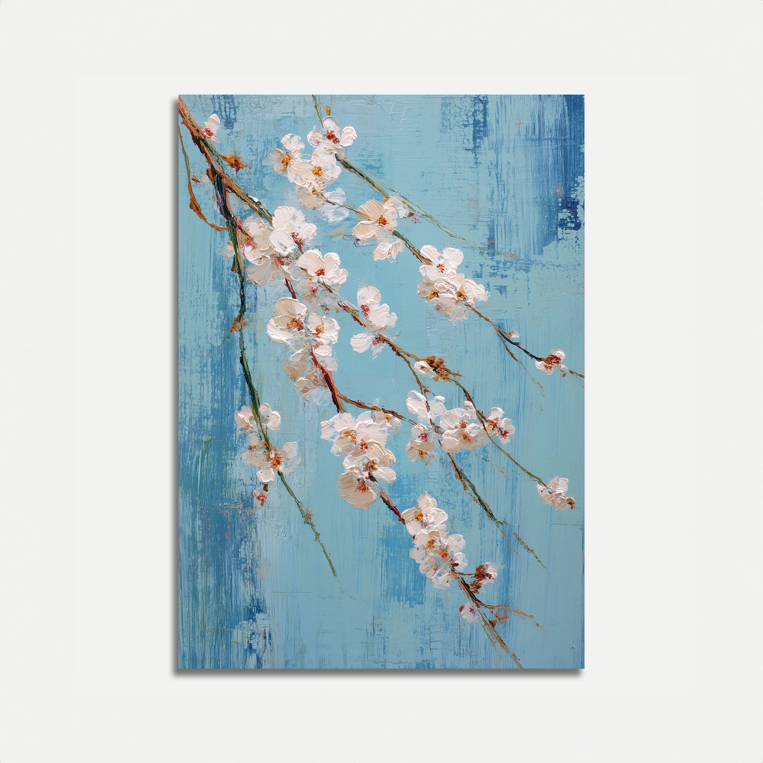 White Blossoms on Blue Poster