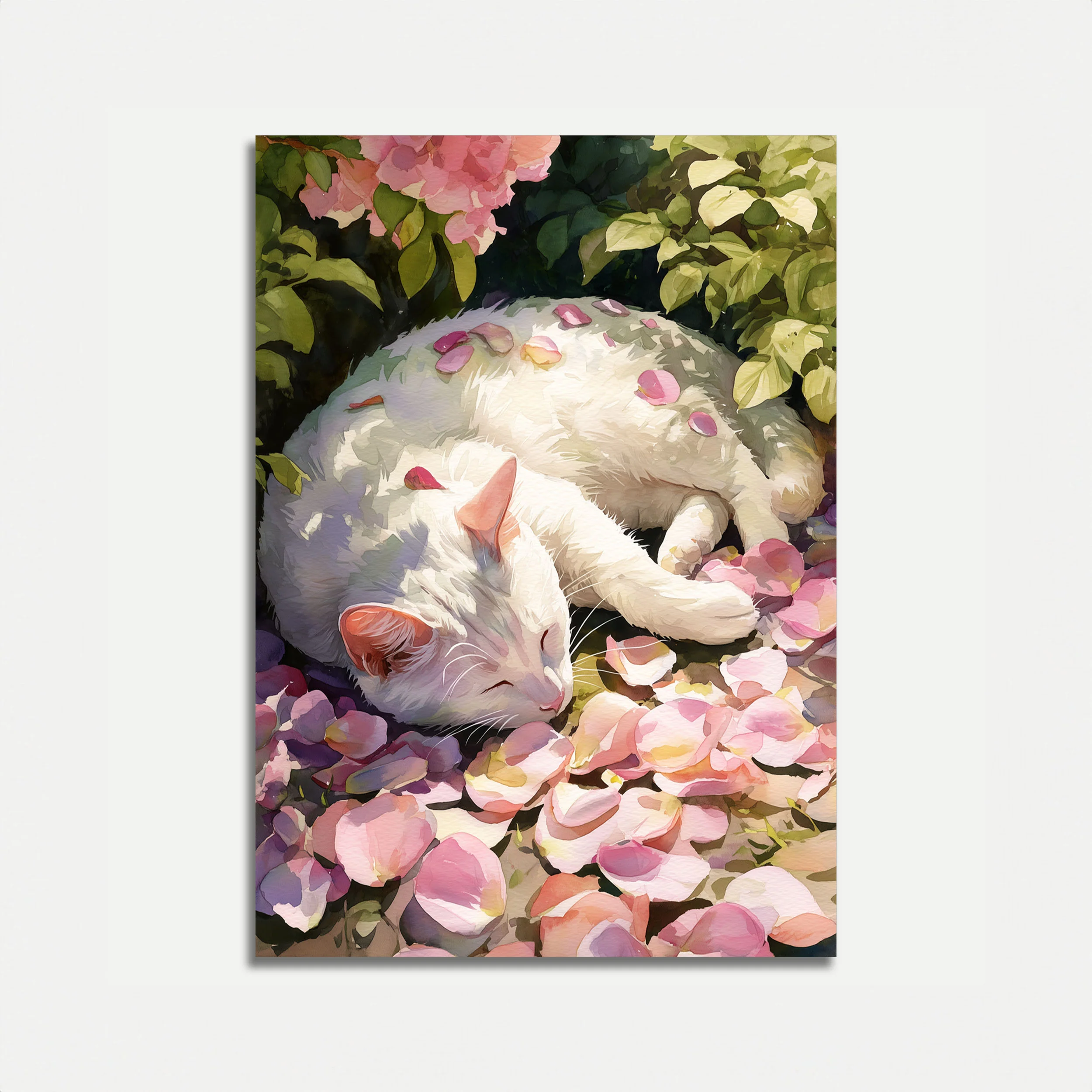 White Cat Among Pink Flowers Poster