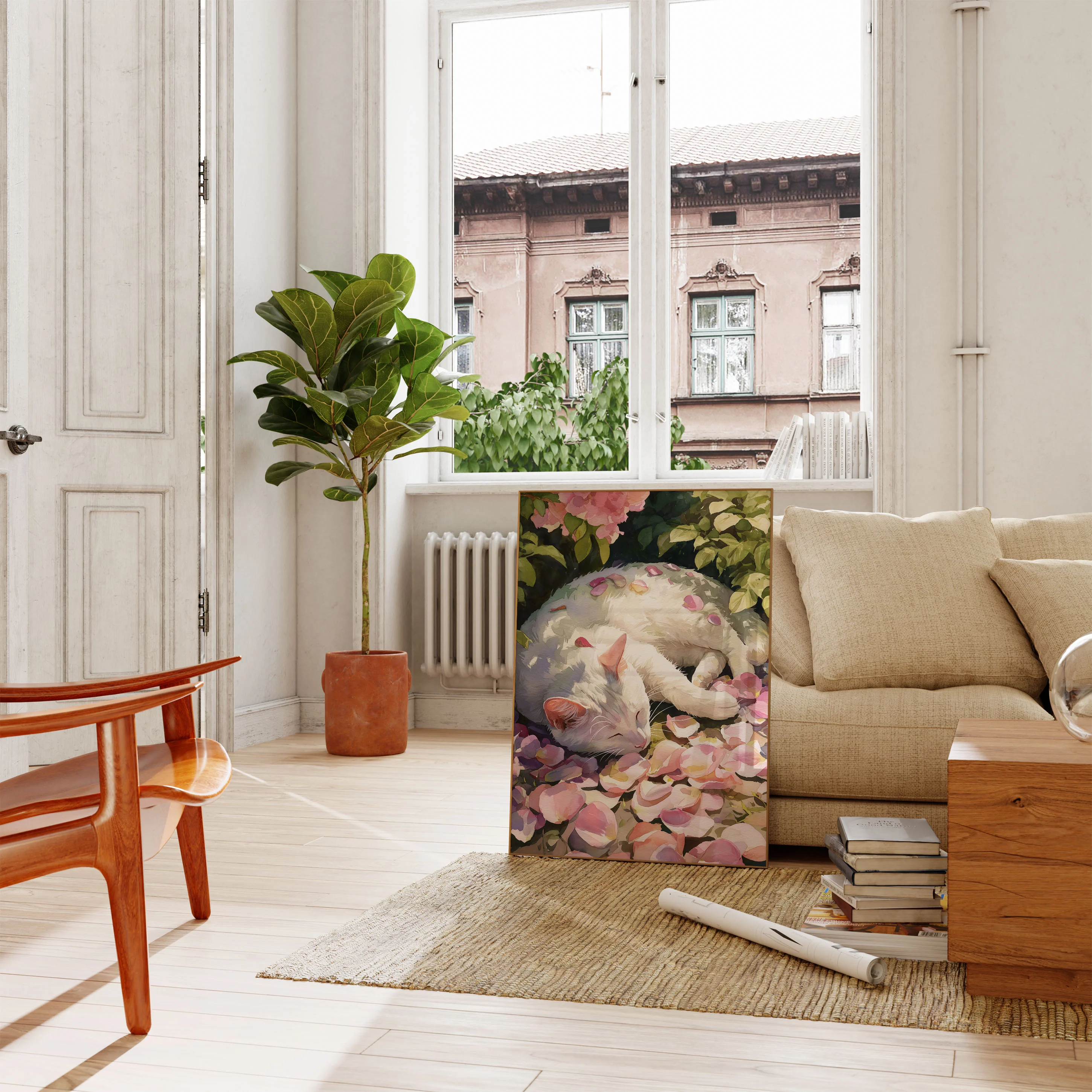 White Cat Among Pink Flowers Poster - Image 2