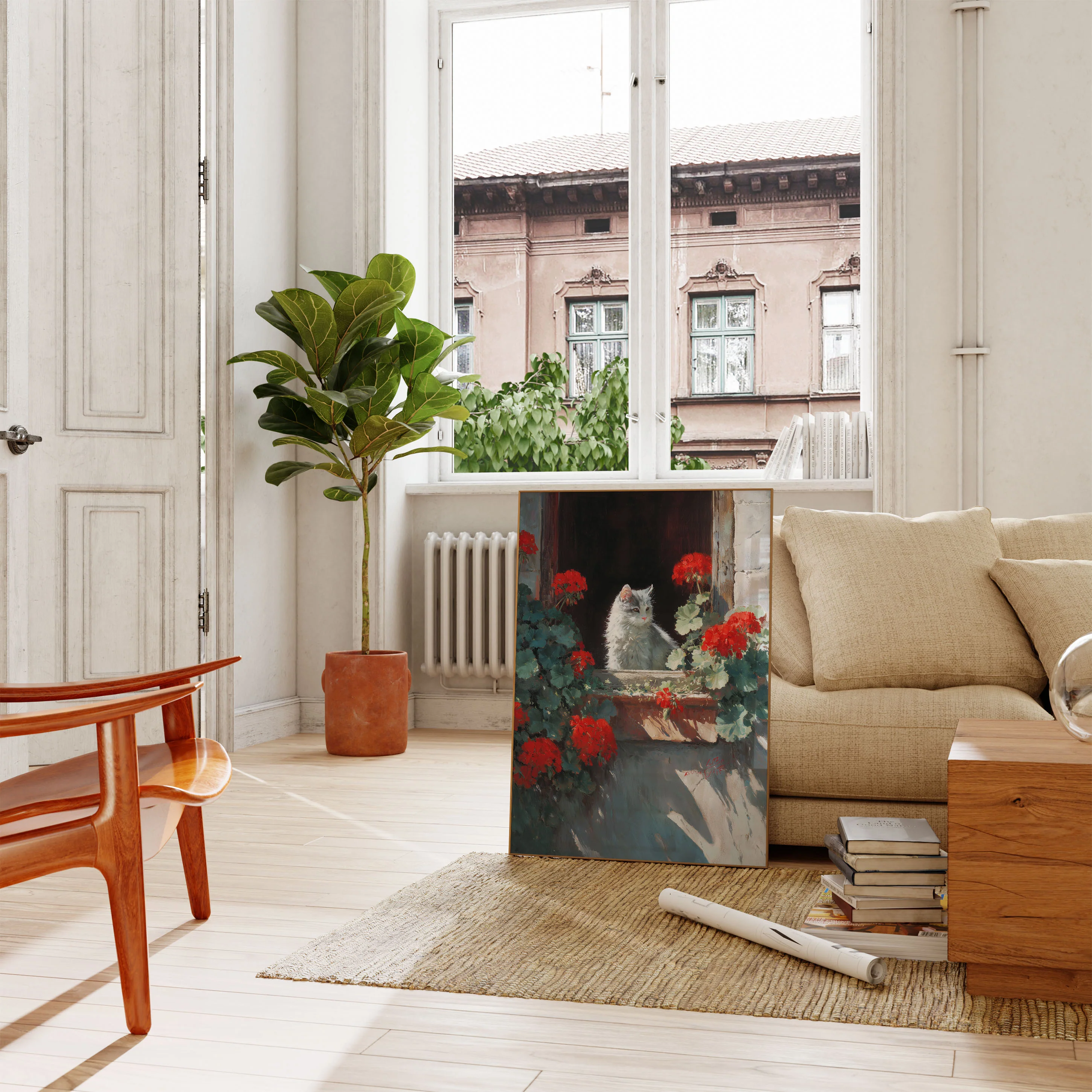 White Cat Among Red Geraniums Poster - Image 2
