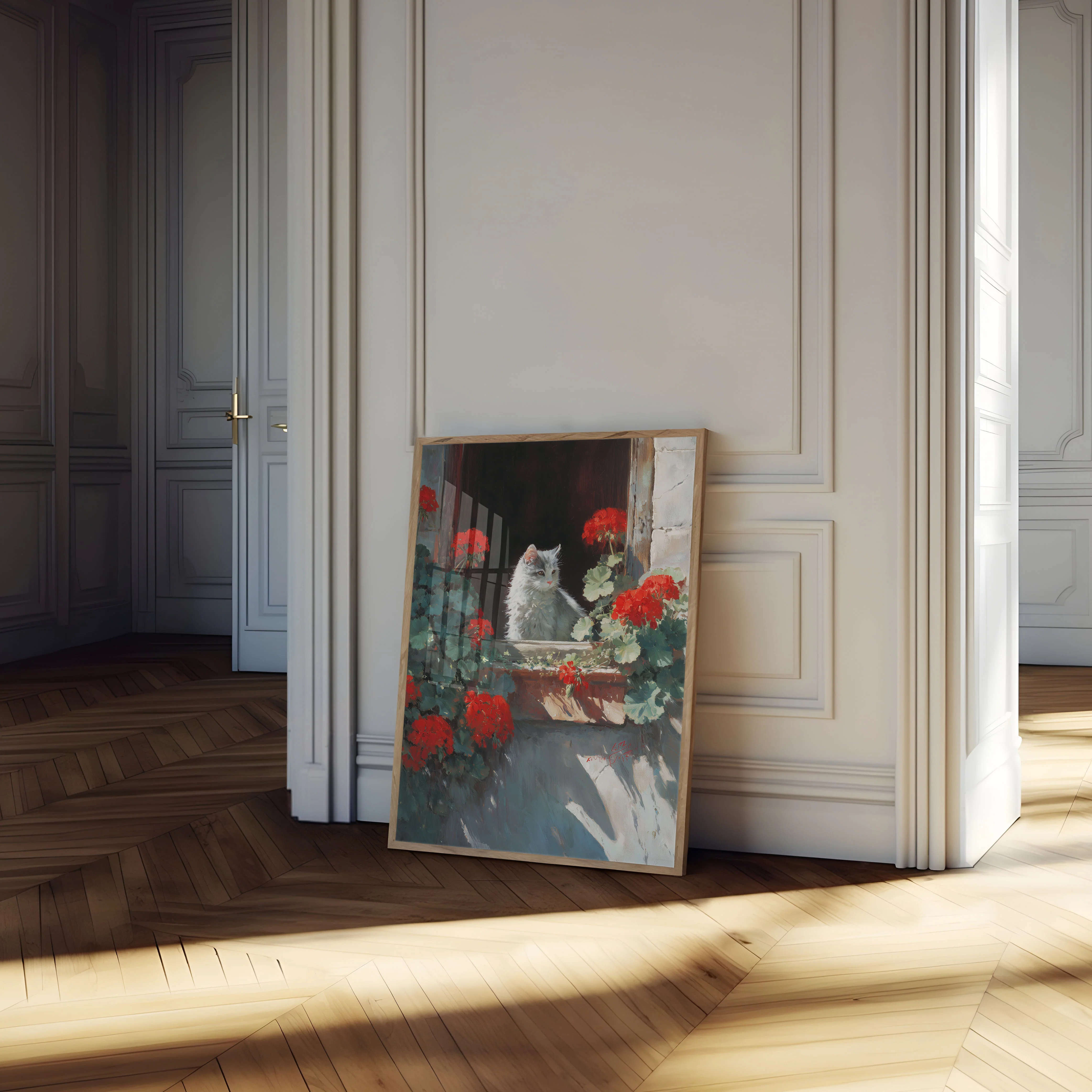 White Cat Among Red Geraniums Poster - Image 4