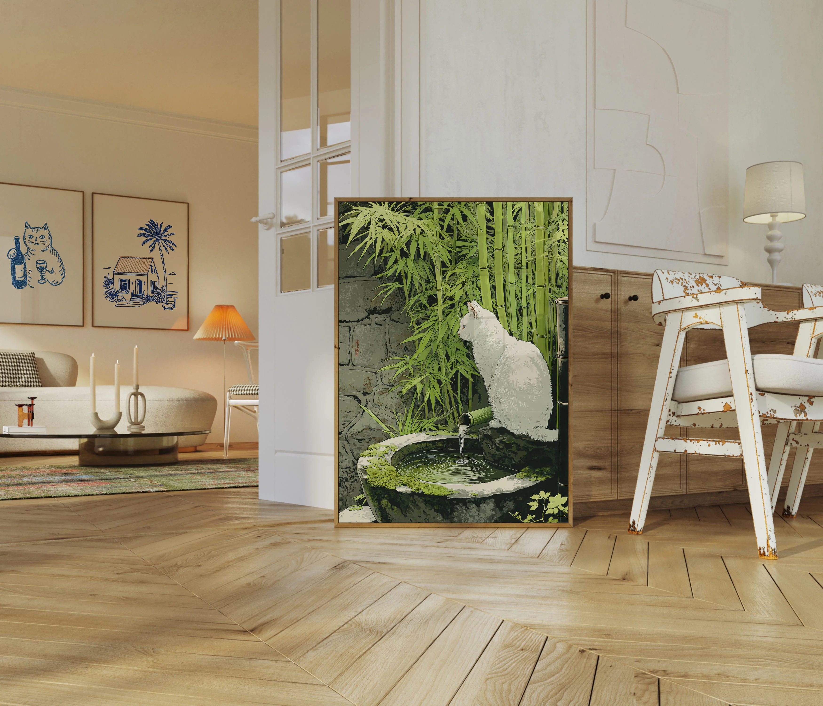 White Cat in Bamboo Garden Poster - Image 5