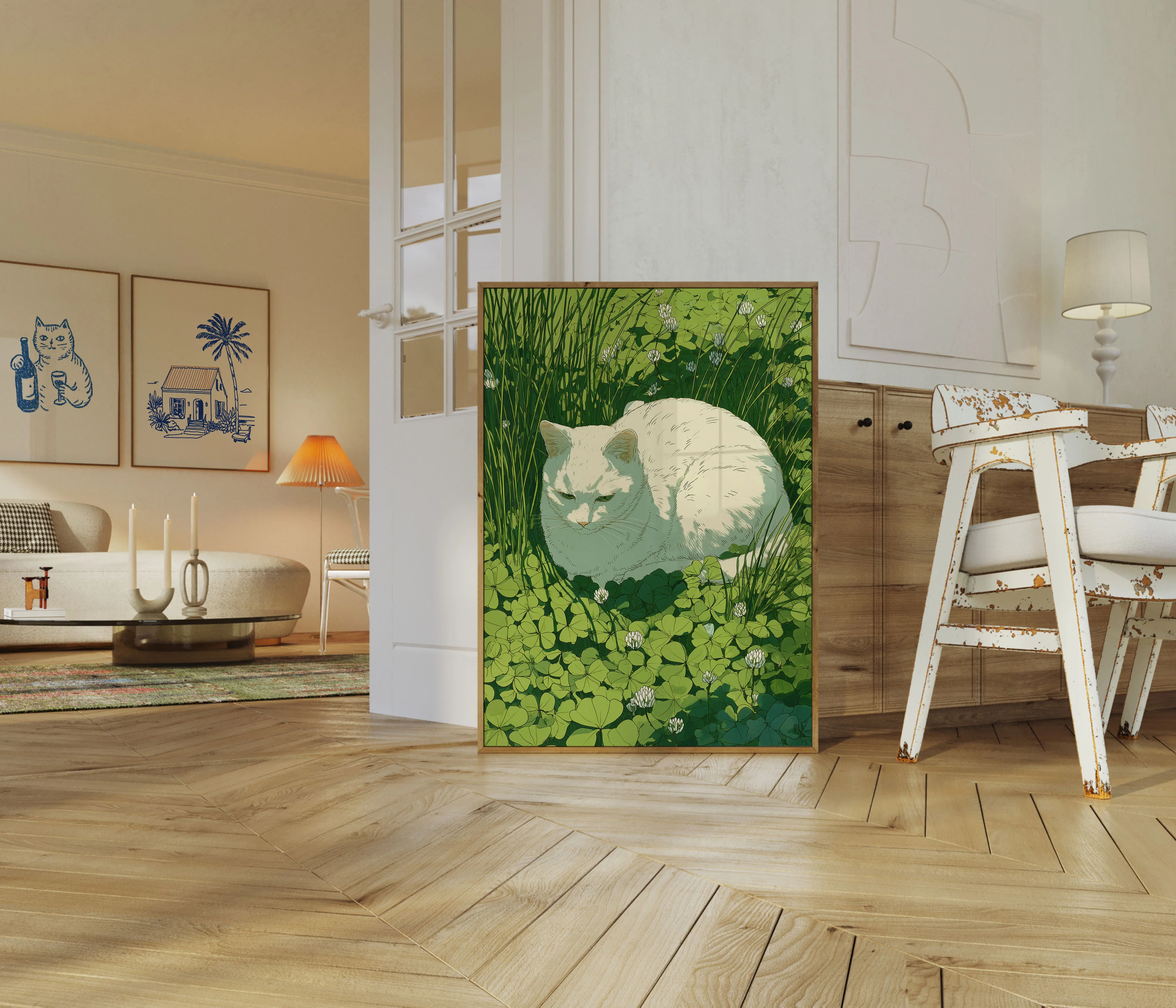 White Cat in Clover Garden Poster - Image 5
