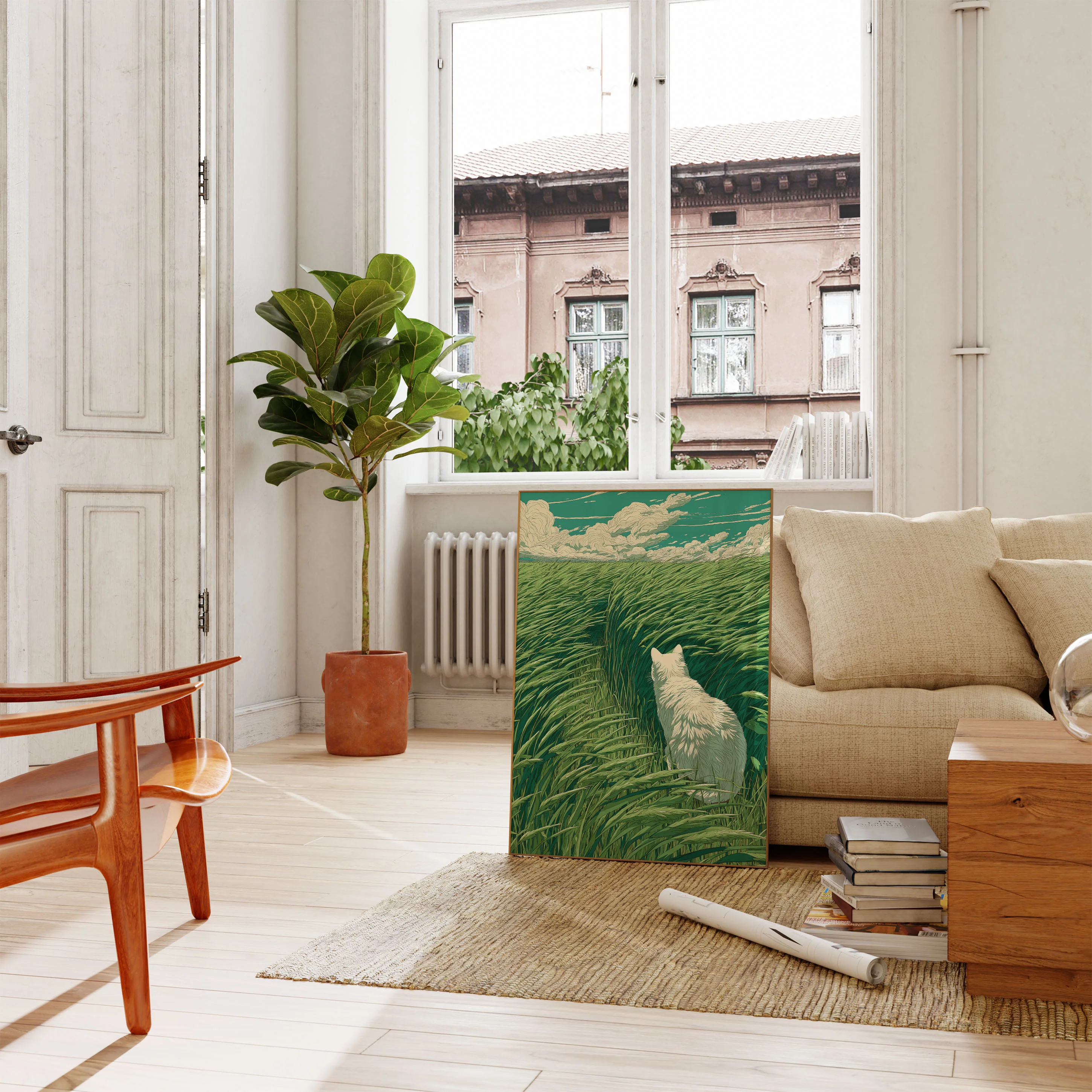 White Cat in Grassland Poster - Image 2