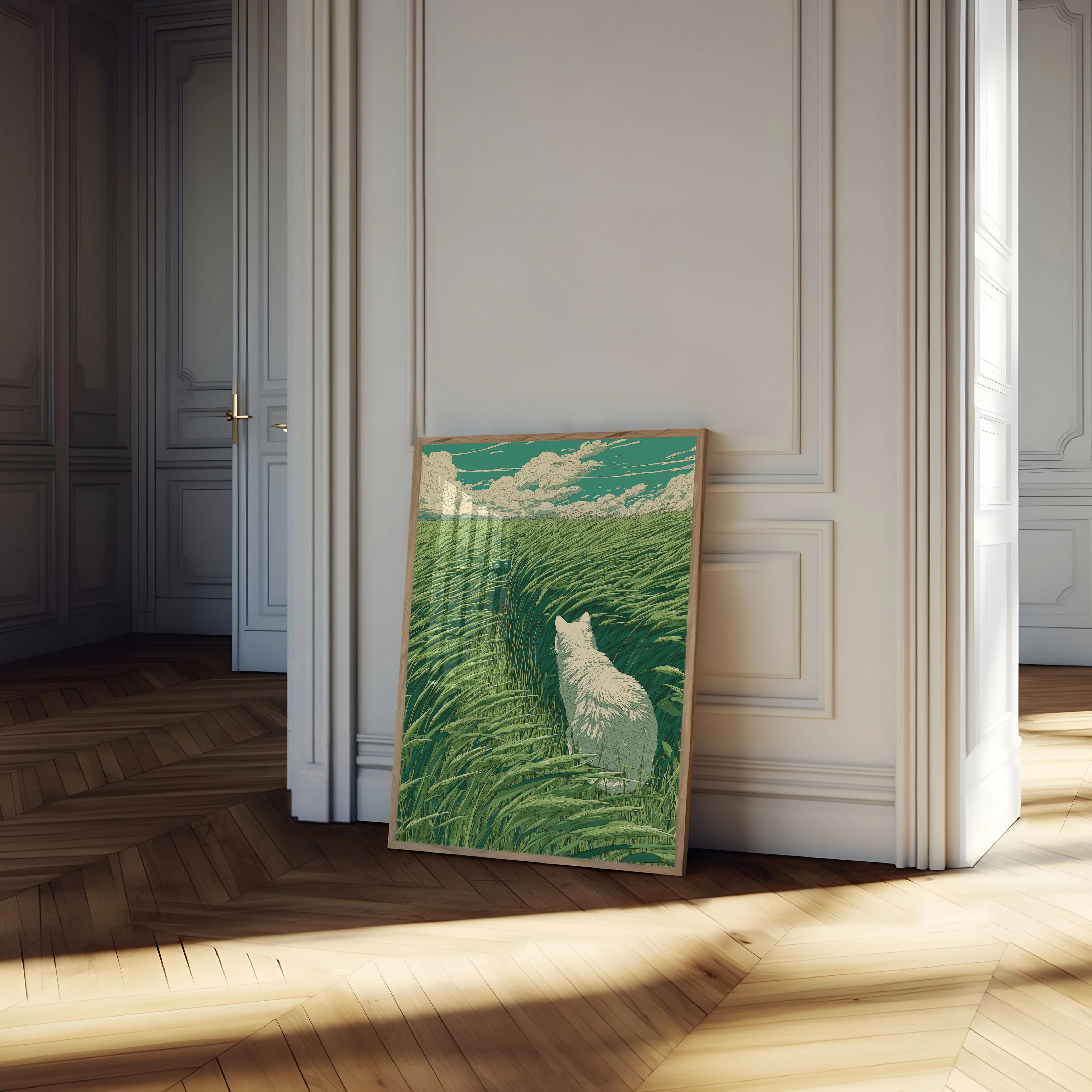 White Cat in Grassland Poster - Image 4