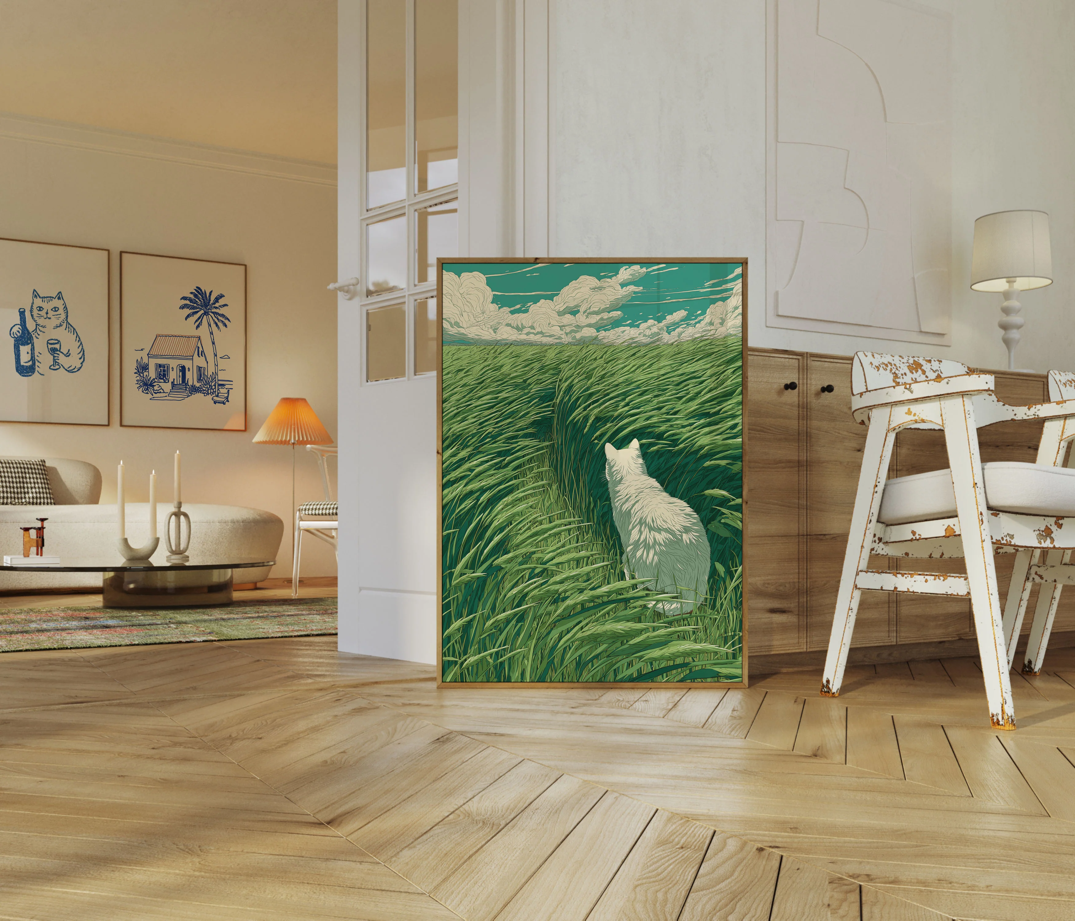 White Cat in Grassland Poster - Image 5