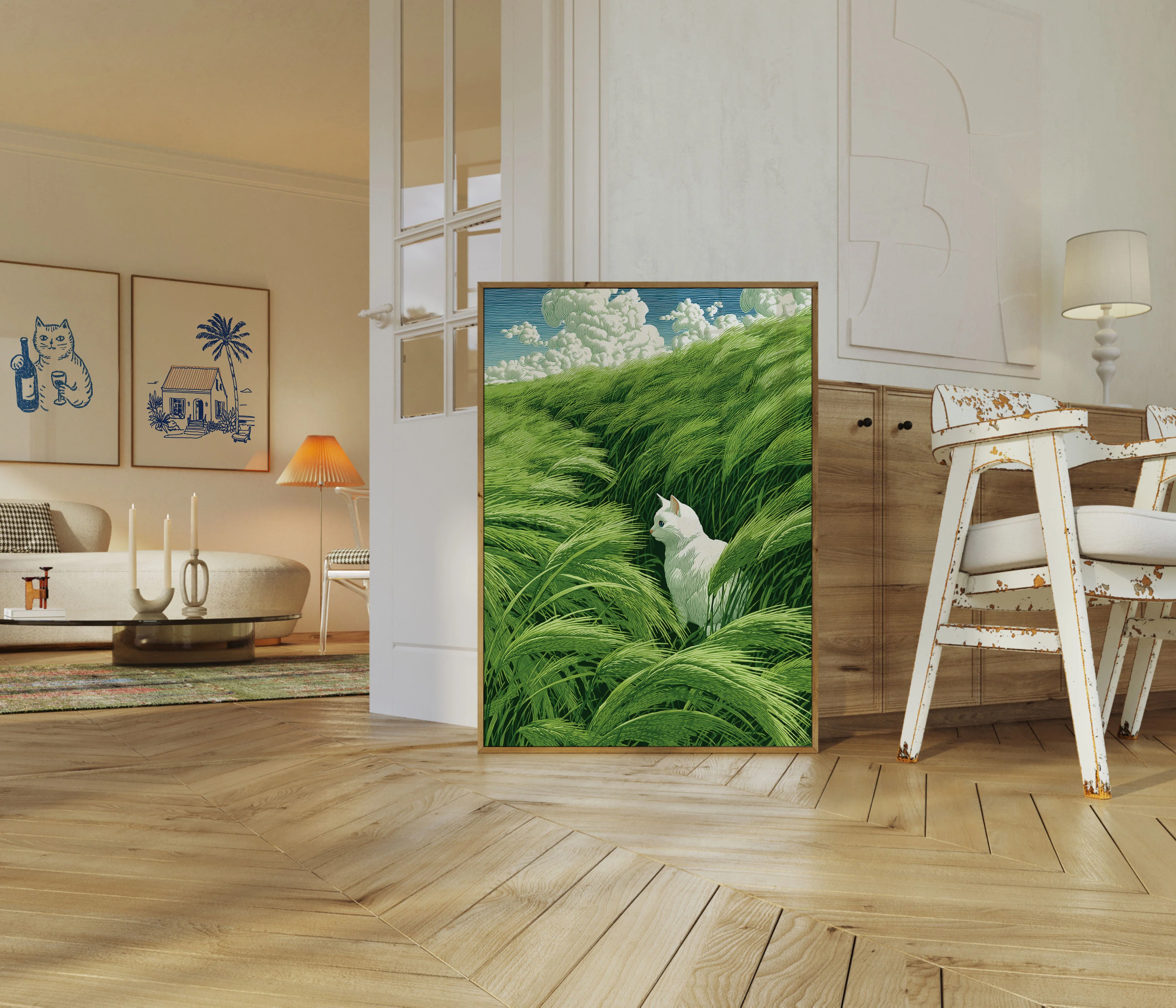 White Cat in Grassland Poster - Image 5