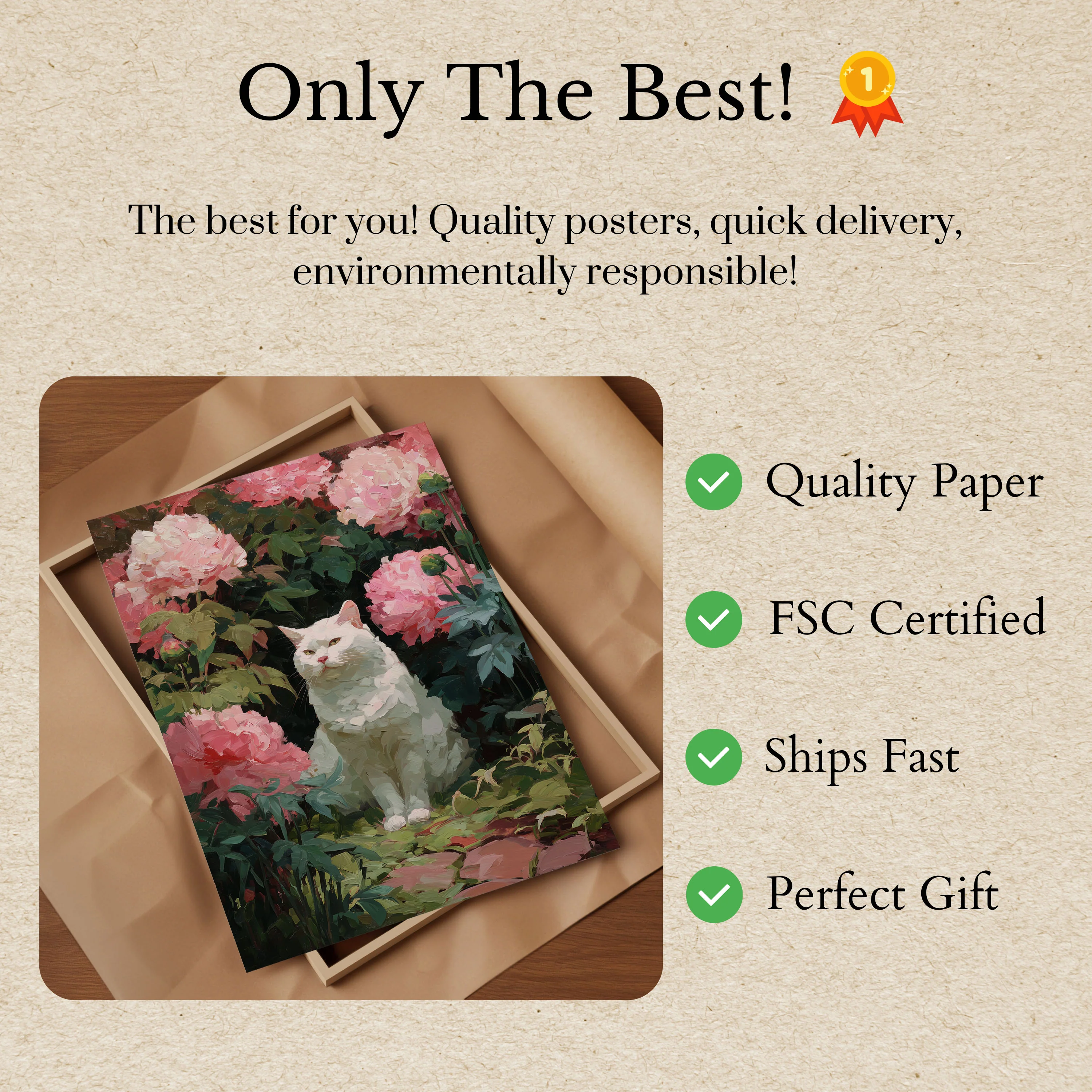 White Cat in Pink Peonies Poster - Image 3
