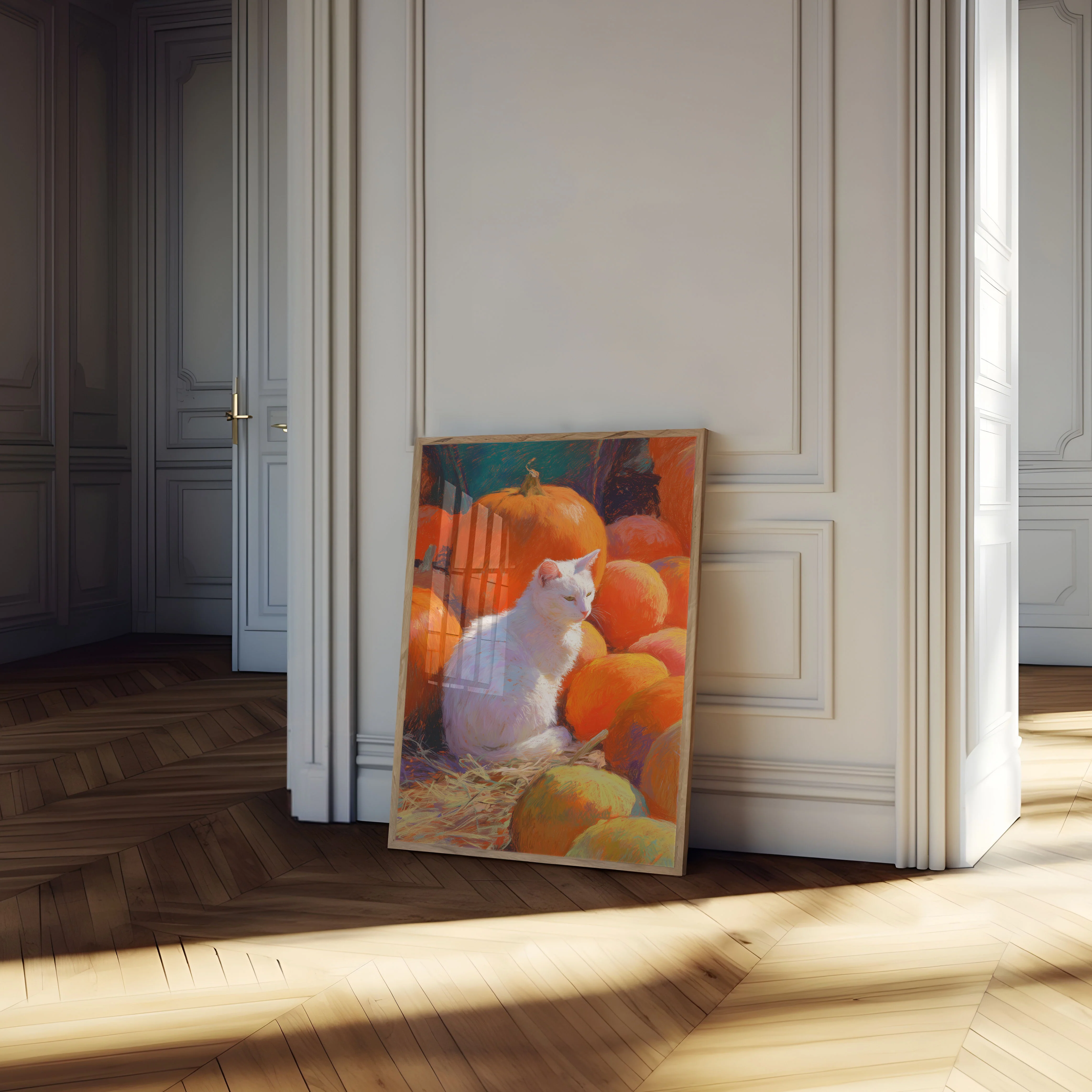 White Cat in Pumpkin Patch Poster - Image 4
