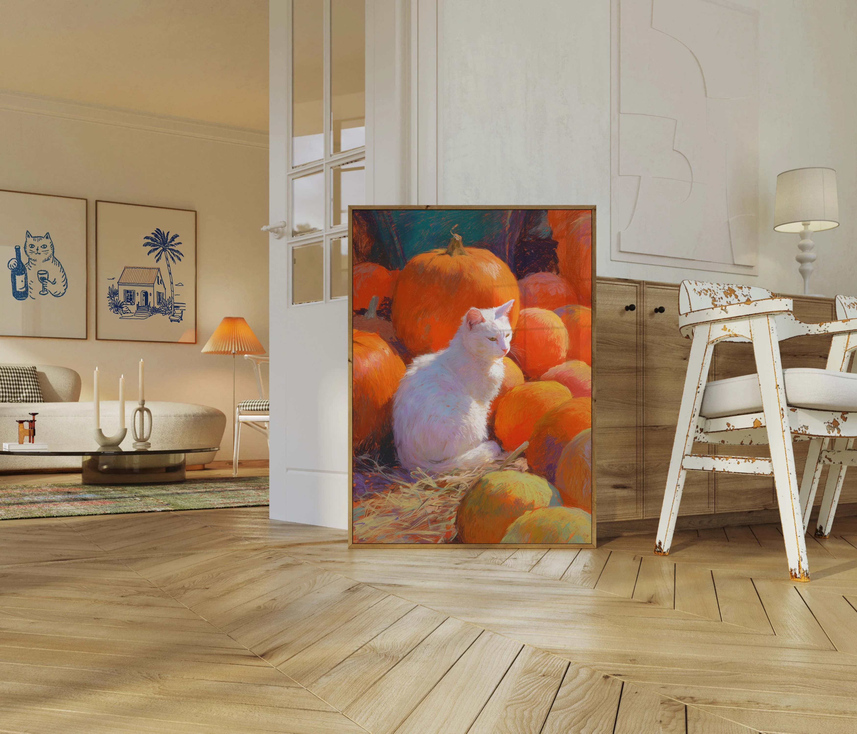 White Cat in Pumpkin Patch Poster - Image 5