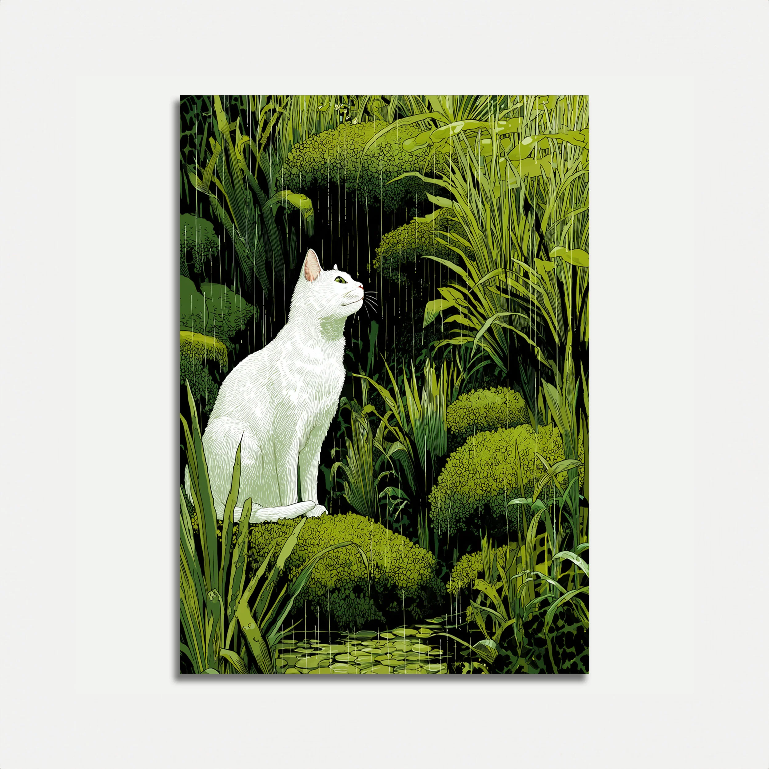 White Cat in Rain Garden Poster