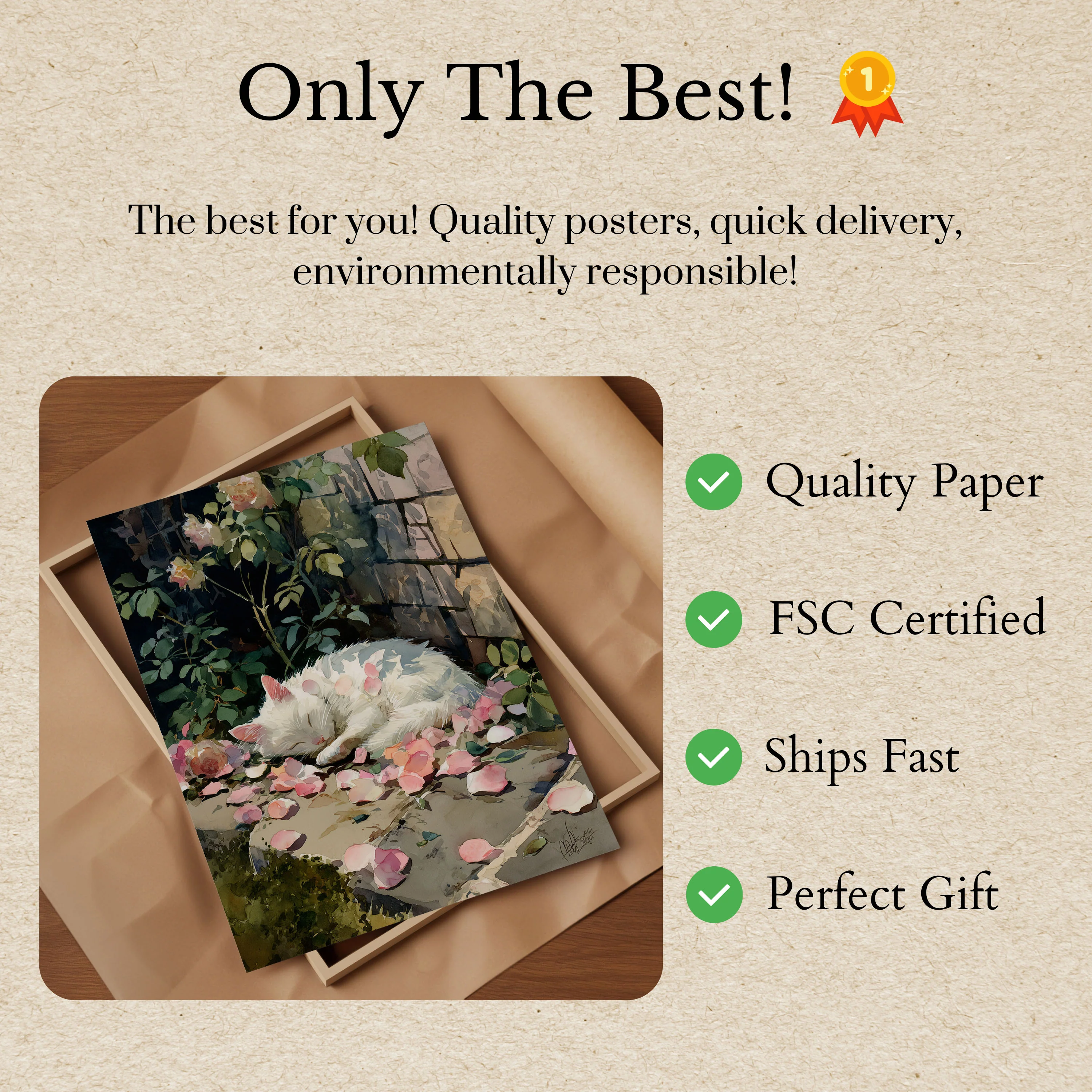 White Cat in Rose Garden Poster - Image 3