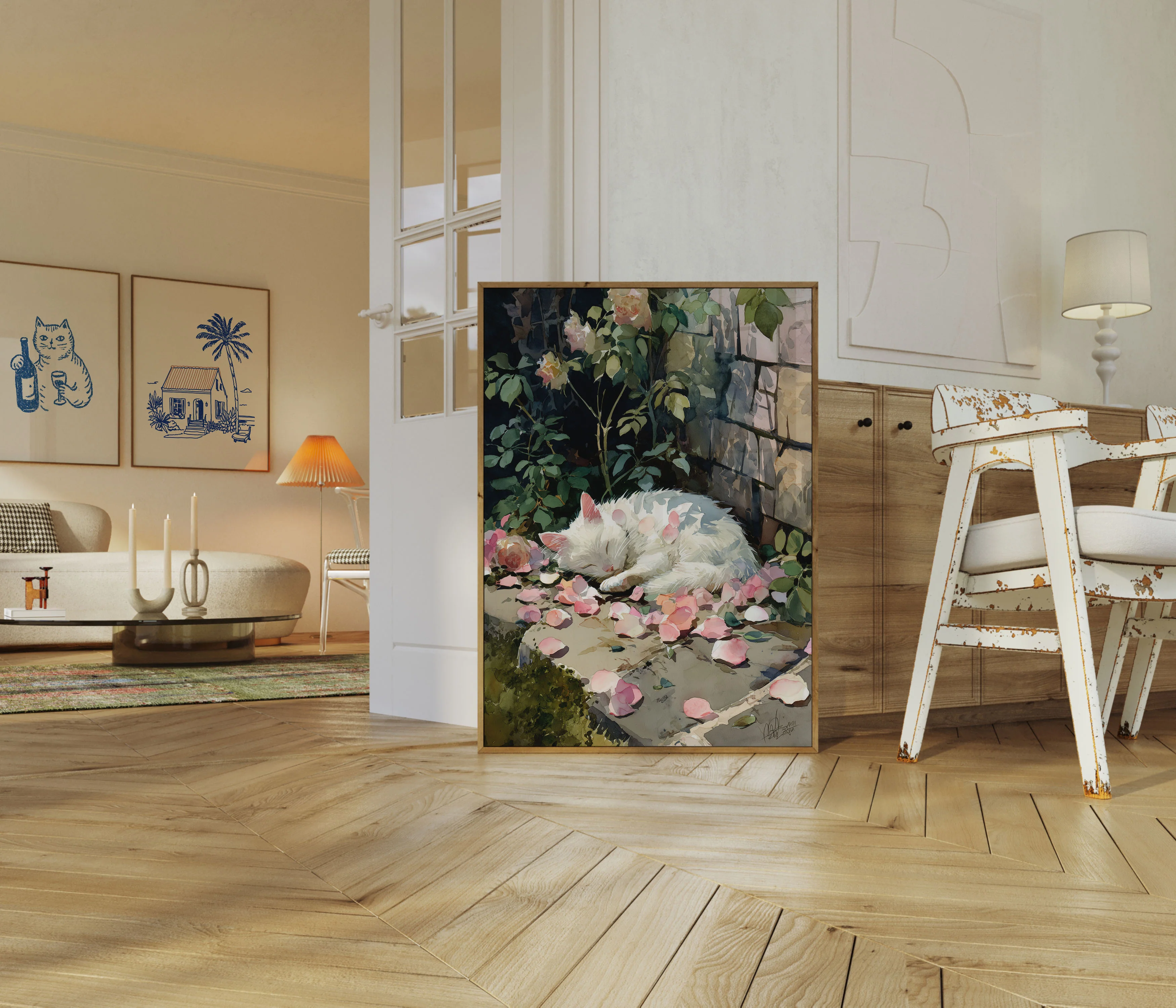 White Cat in Rose Garden Poster - Image 5