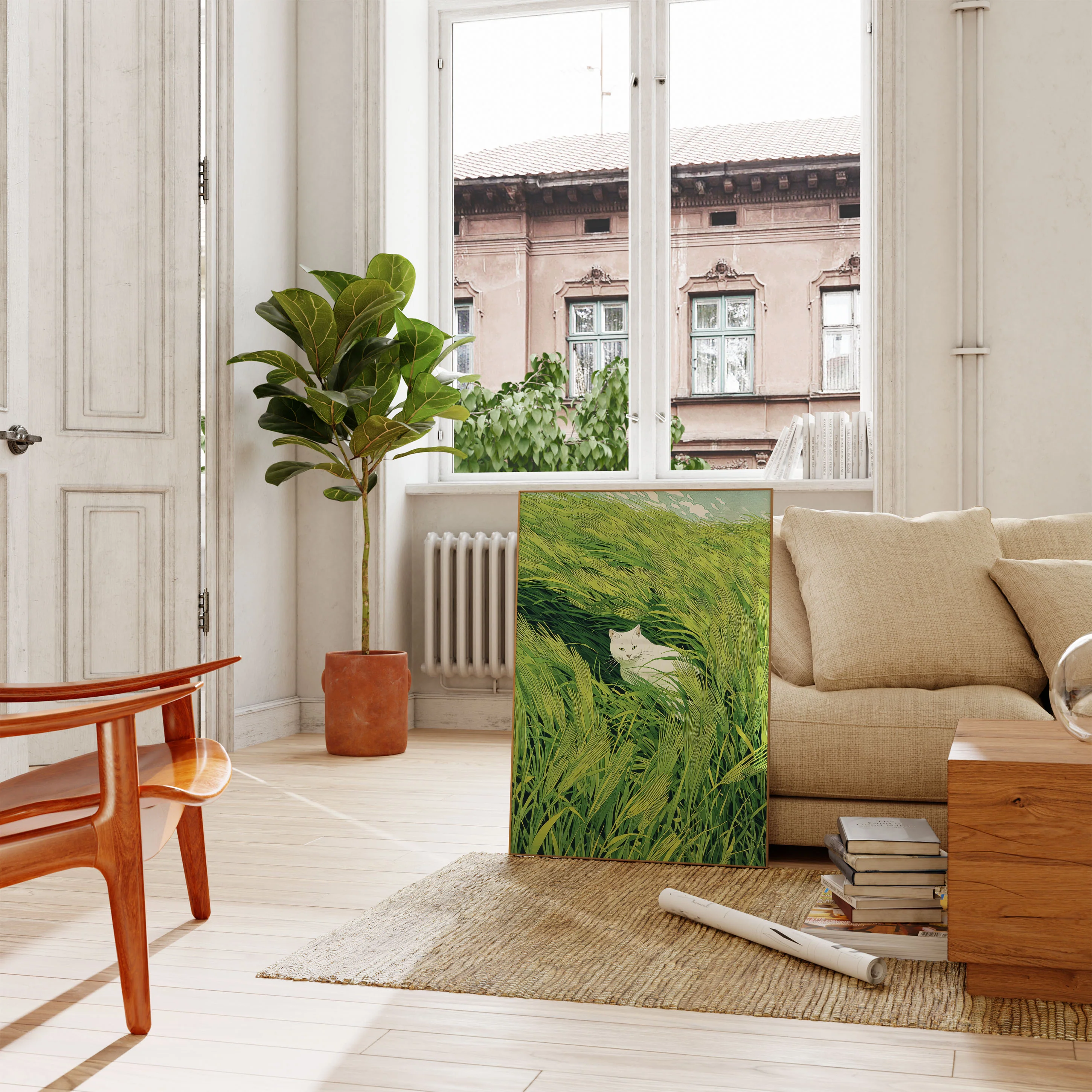 White Cat in Tall Grass Poster - Image 2