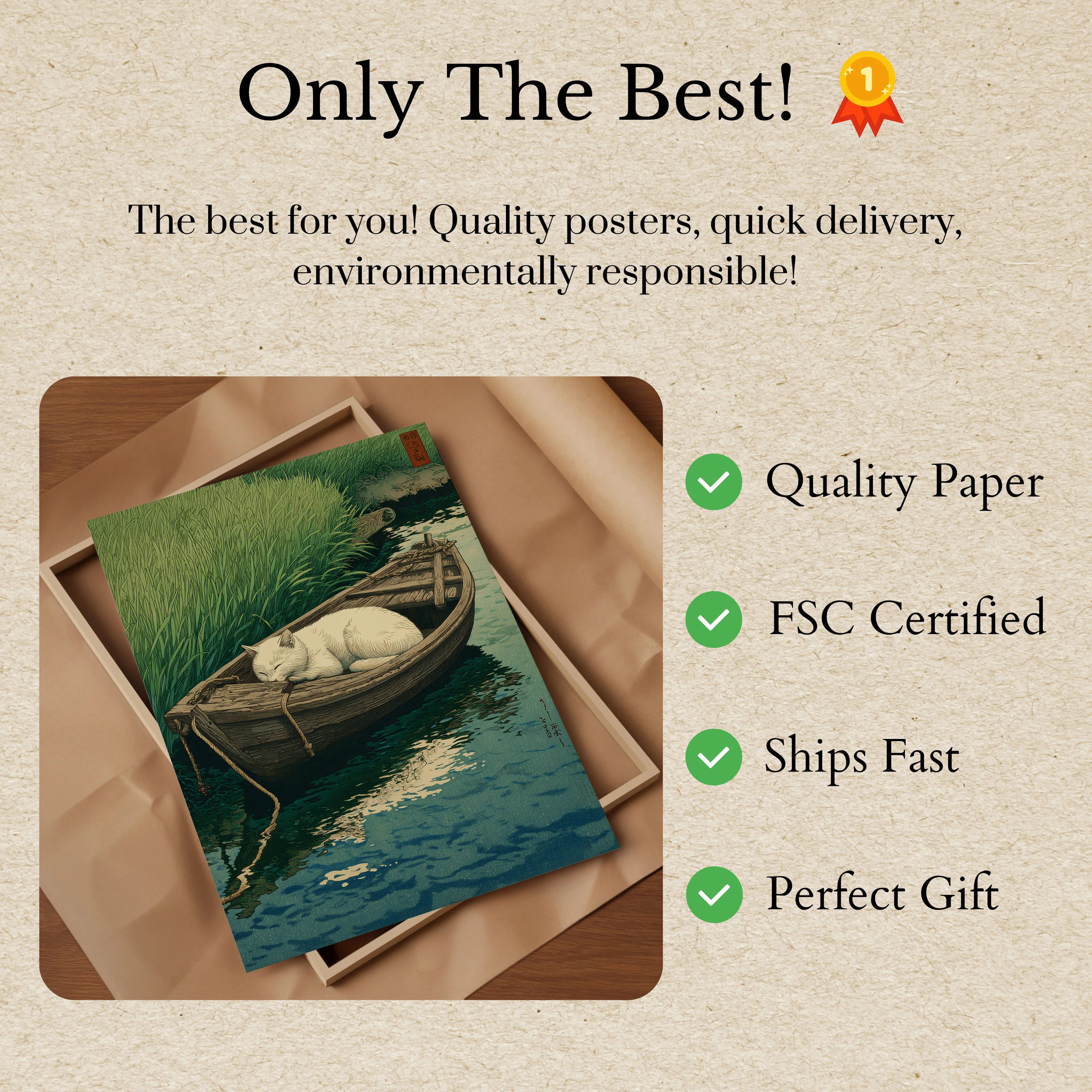 White Cat in Wooden Boat Poster - Image 3