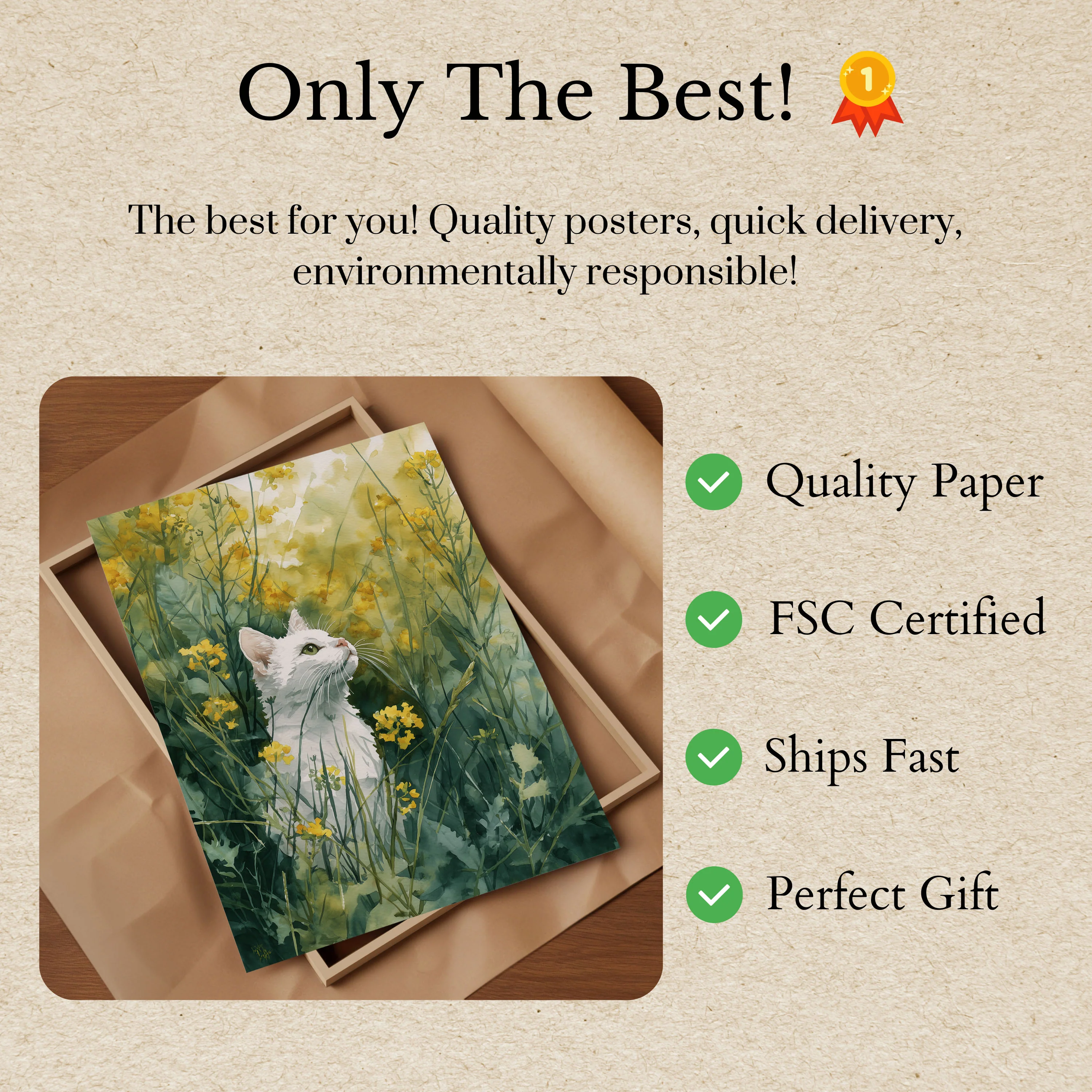 White Cat in Yellow Flowers Poster - Image 3