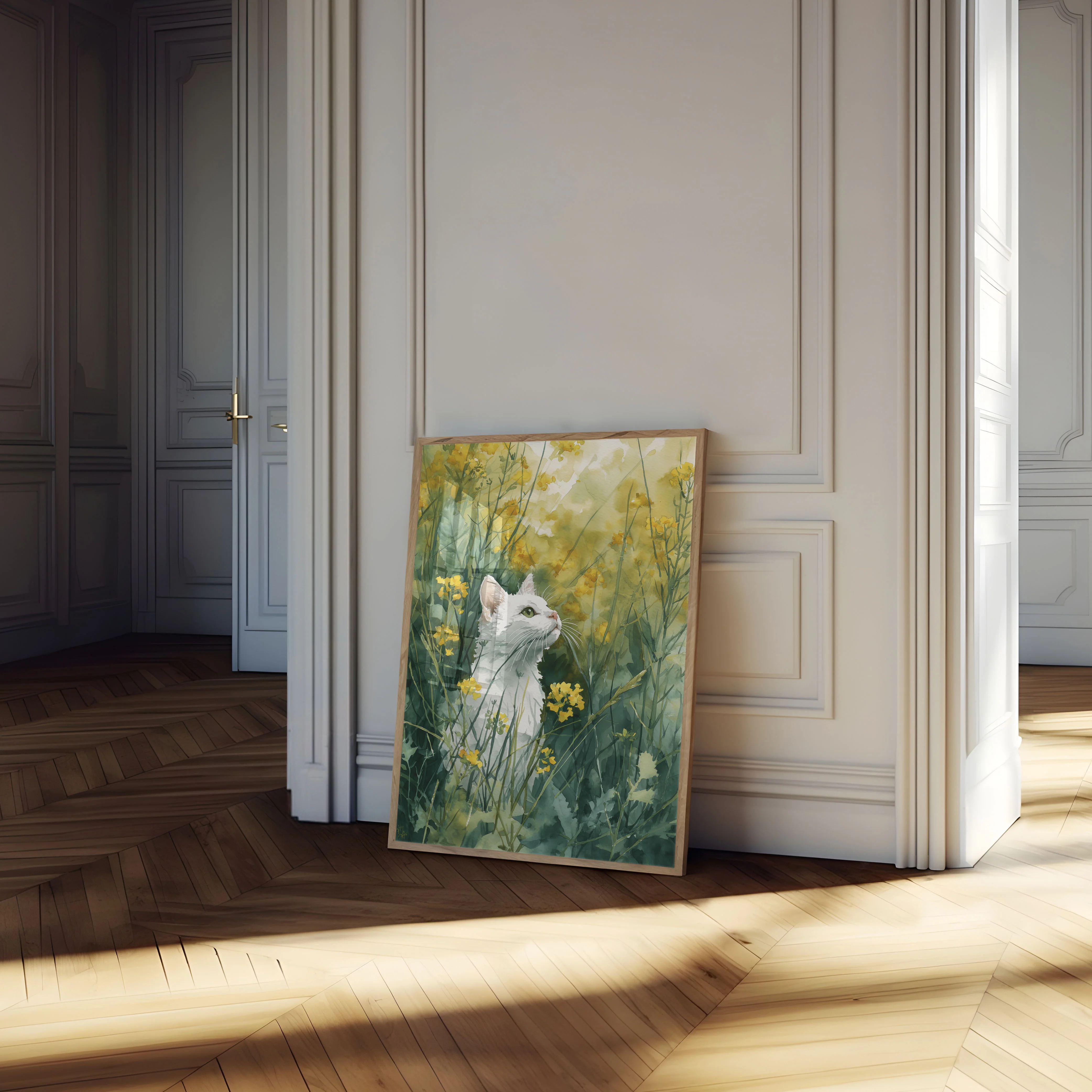 White Cat in Yellow Flowers Poster - Image 4