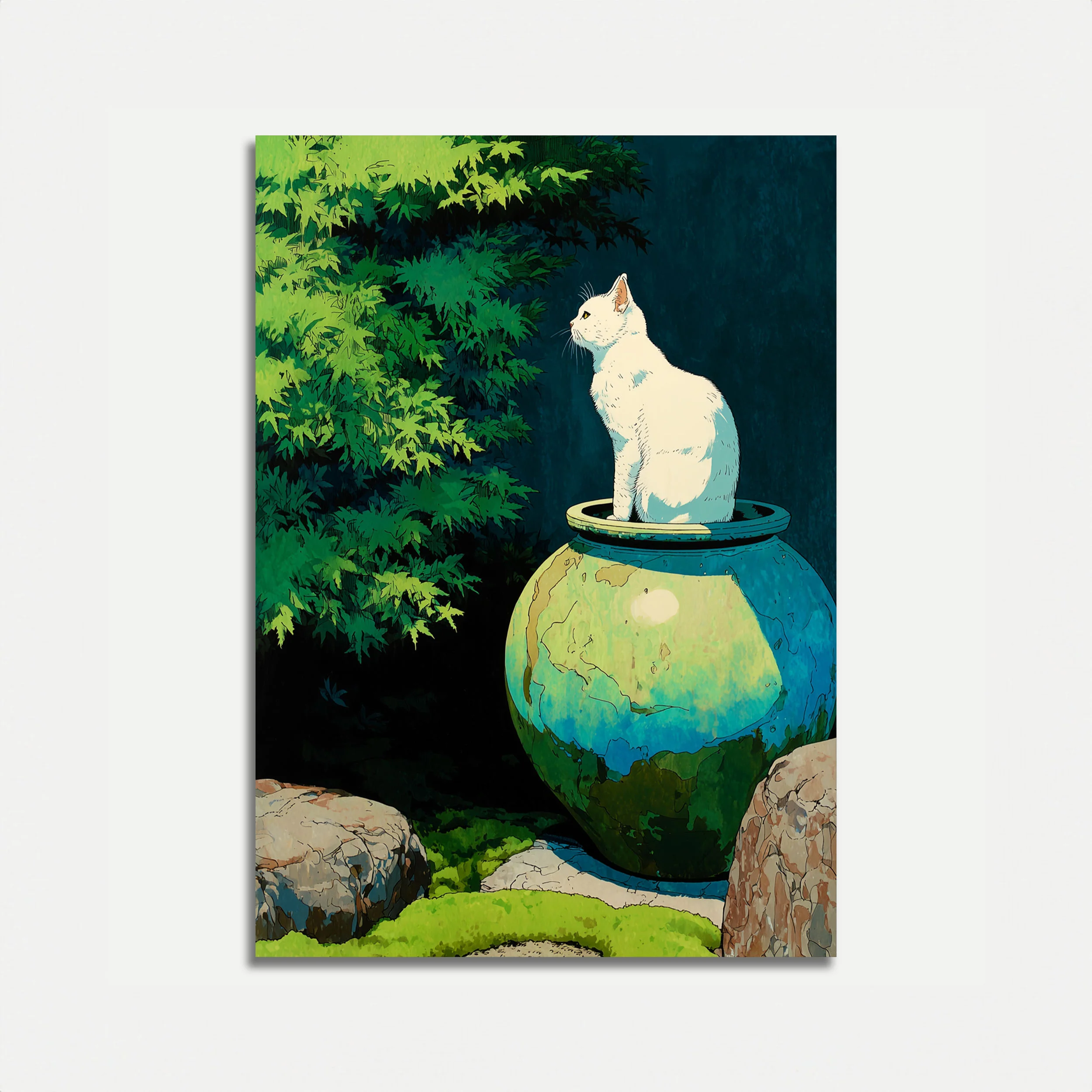 White Cat on Earthen Pot Poster