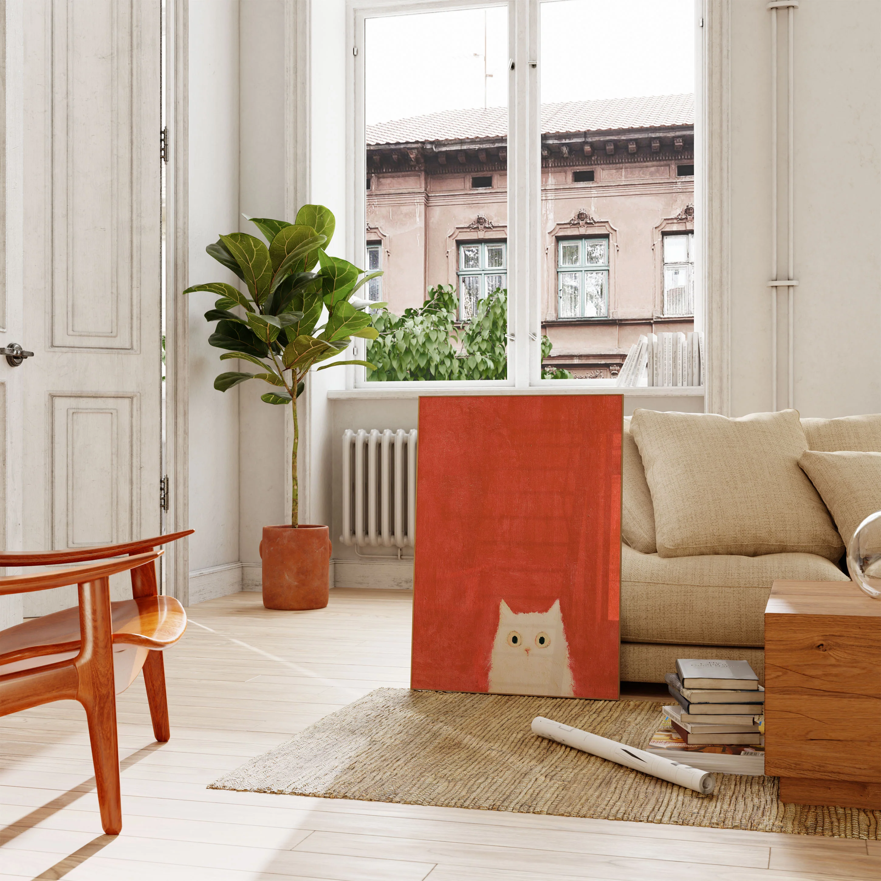 White Cat Red Background Poster - Image 2