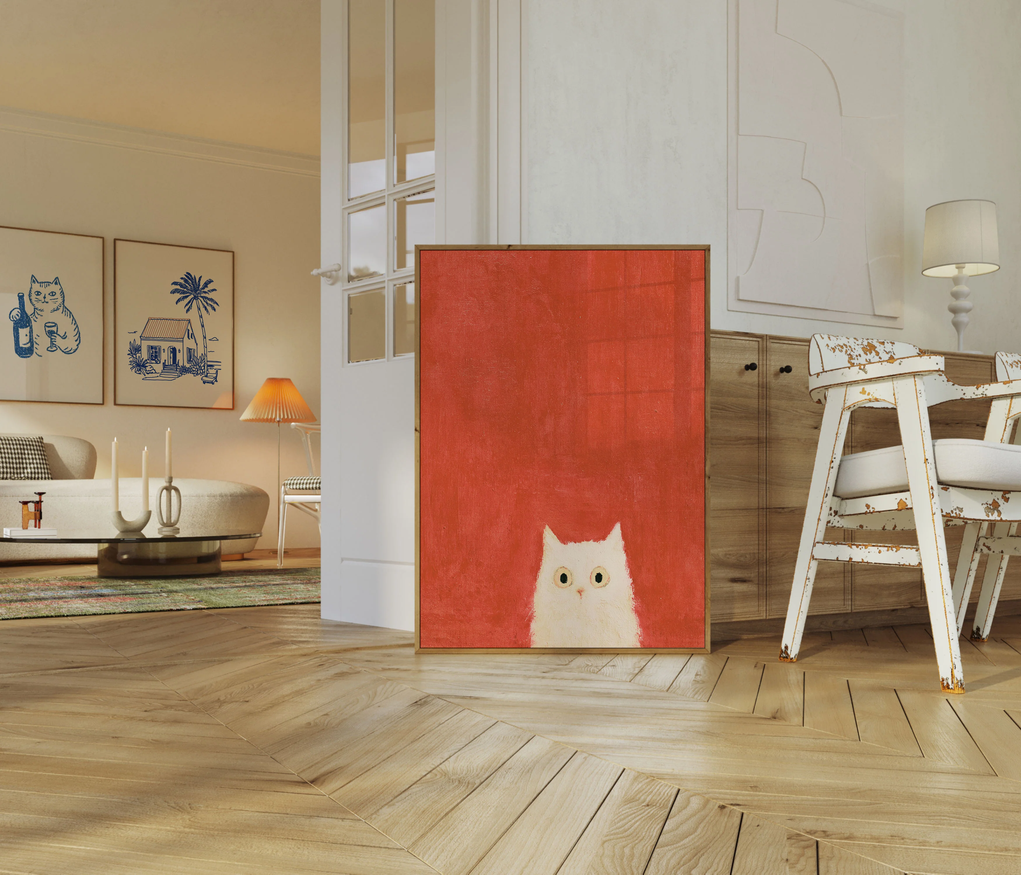 White Cat Red Background Poster - Image 5