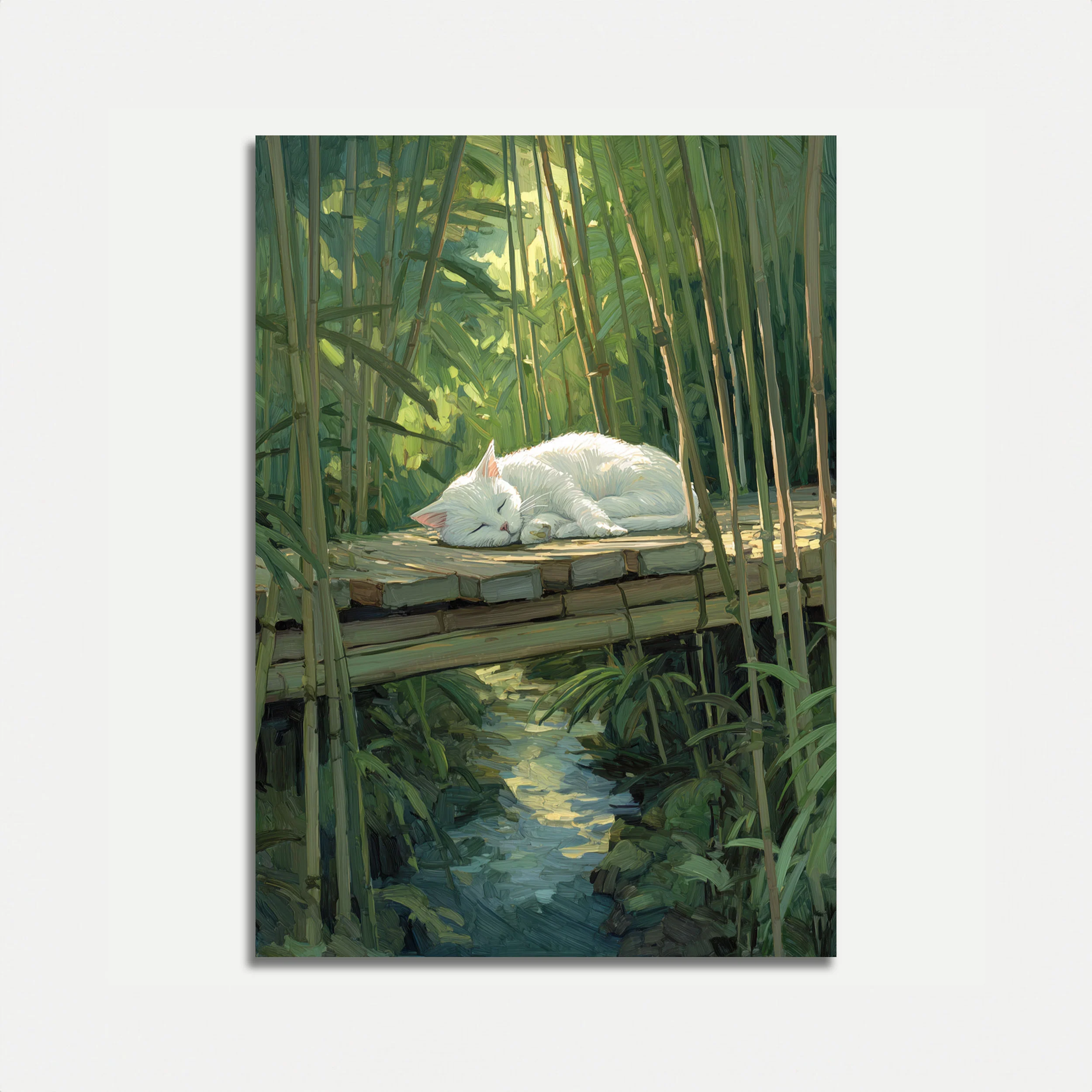 White Cat Resting by Stream Poster