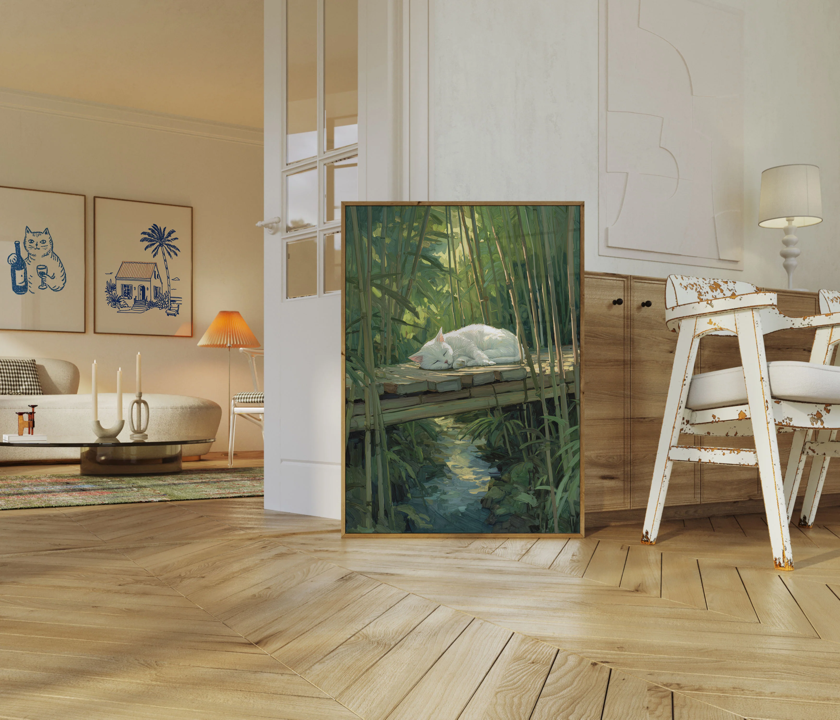 White Cat Resting by Stream Poster - Image 5
