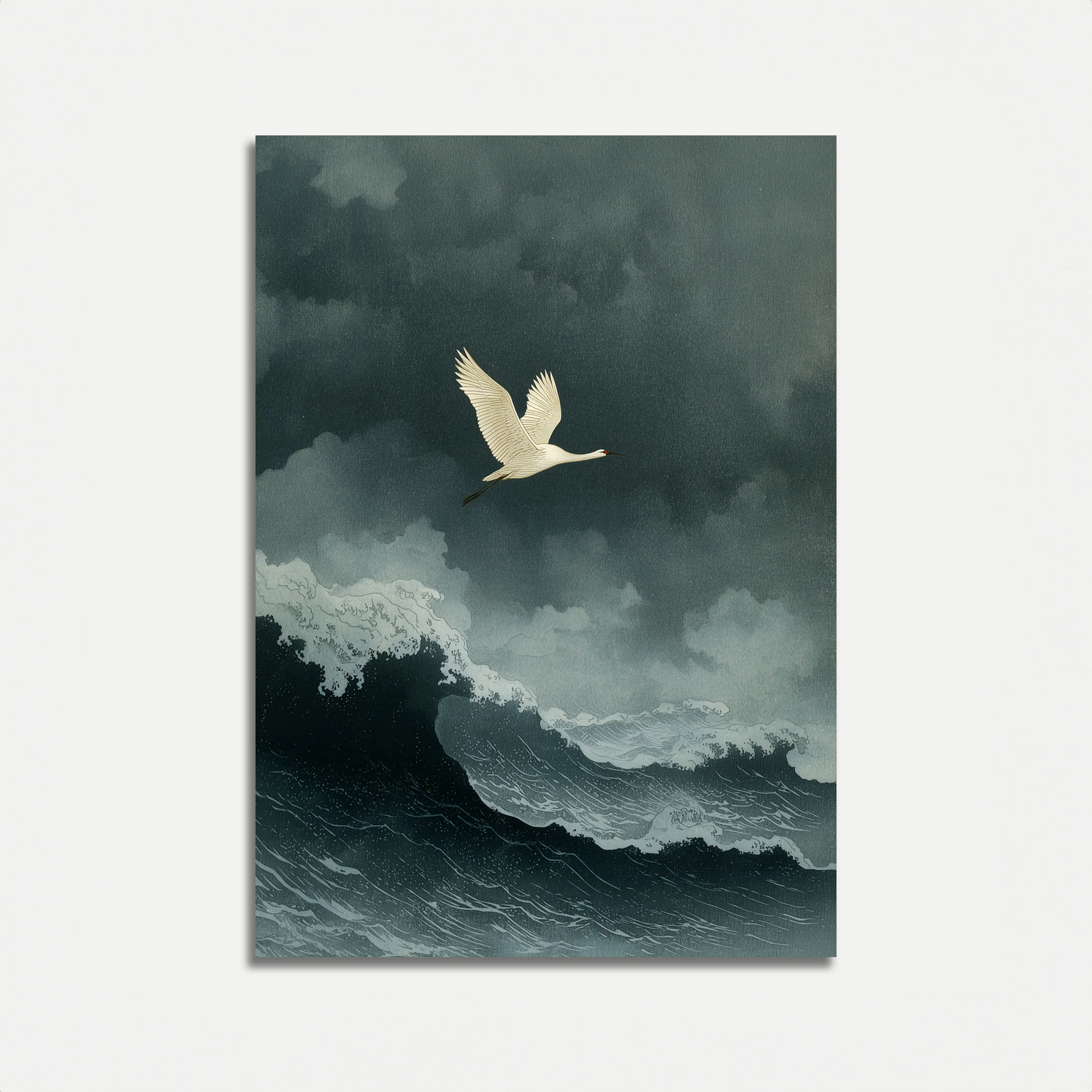White Crane Above Stormy Waves Poster