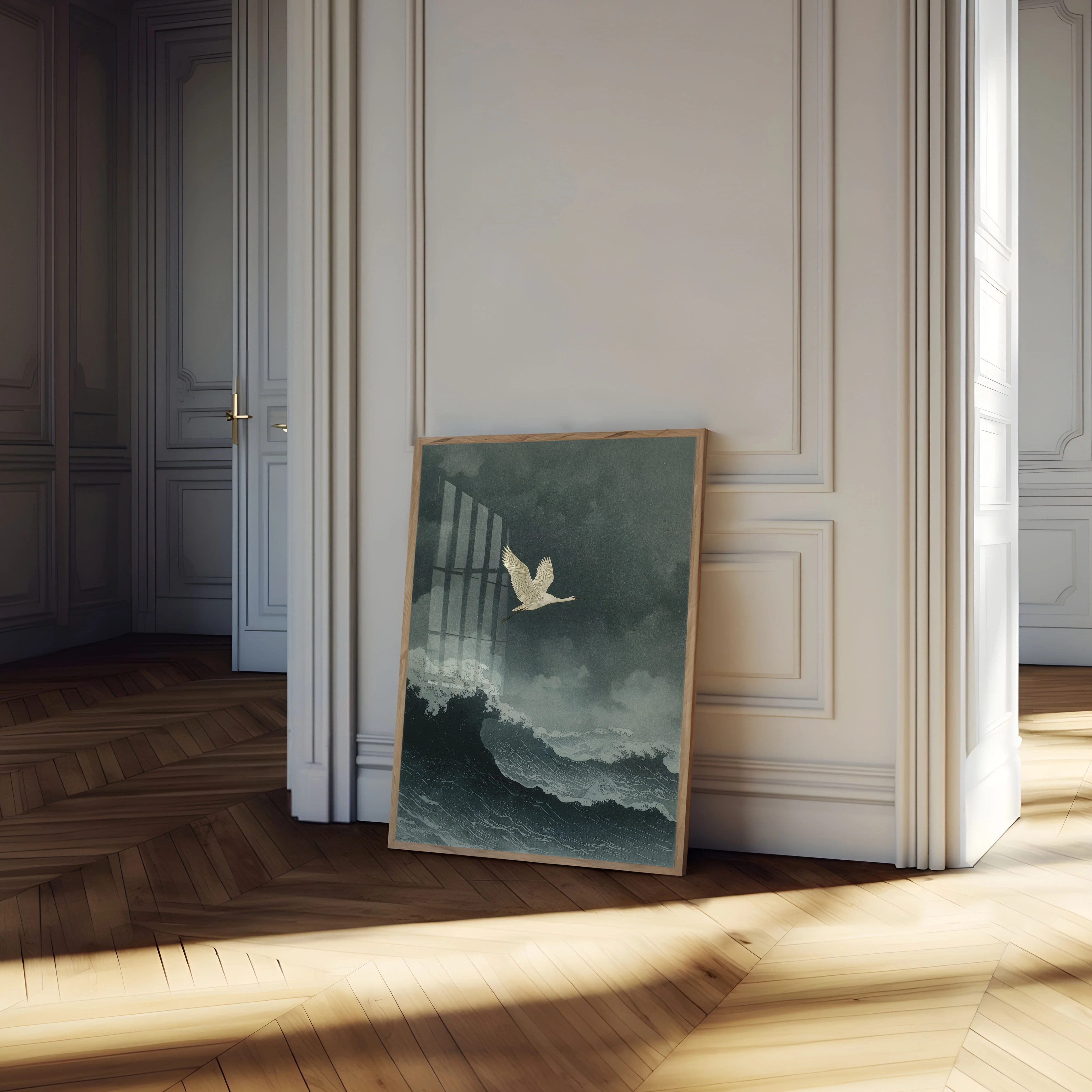 White Crane Above Stormy Waves Poster - Image 4