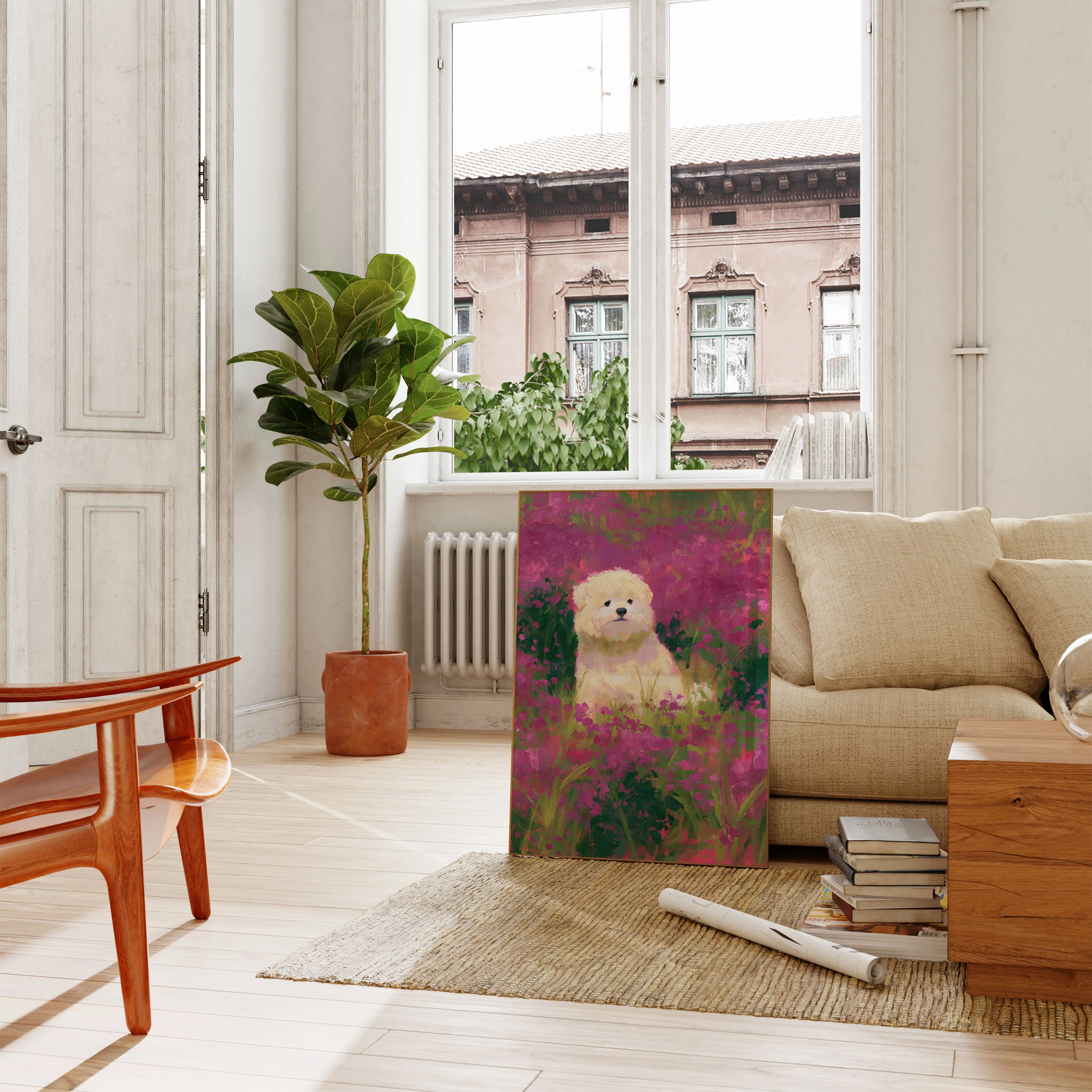 White Dog in Flower Garden Poster - Image 2