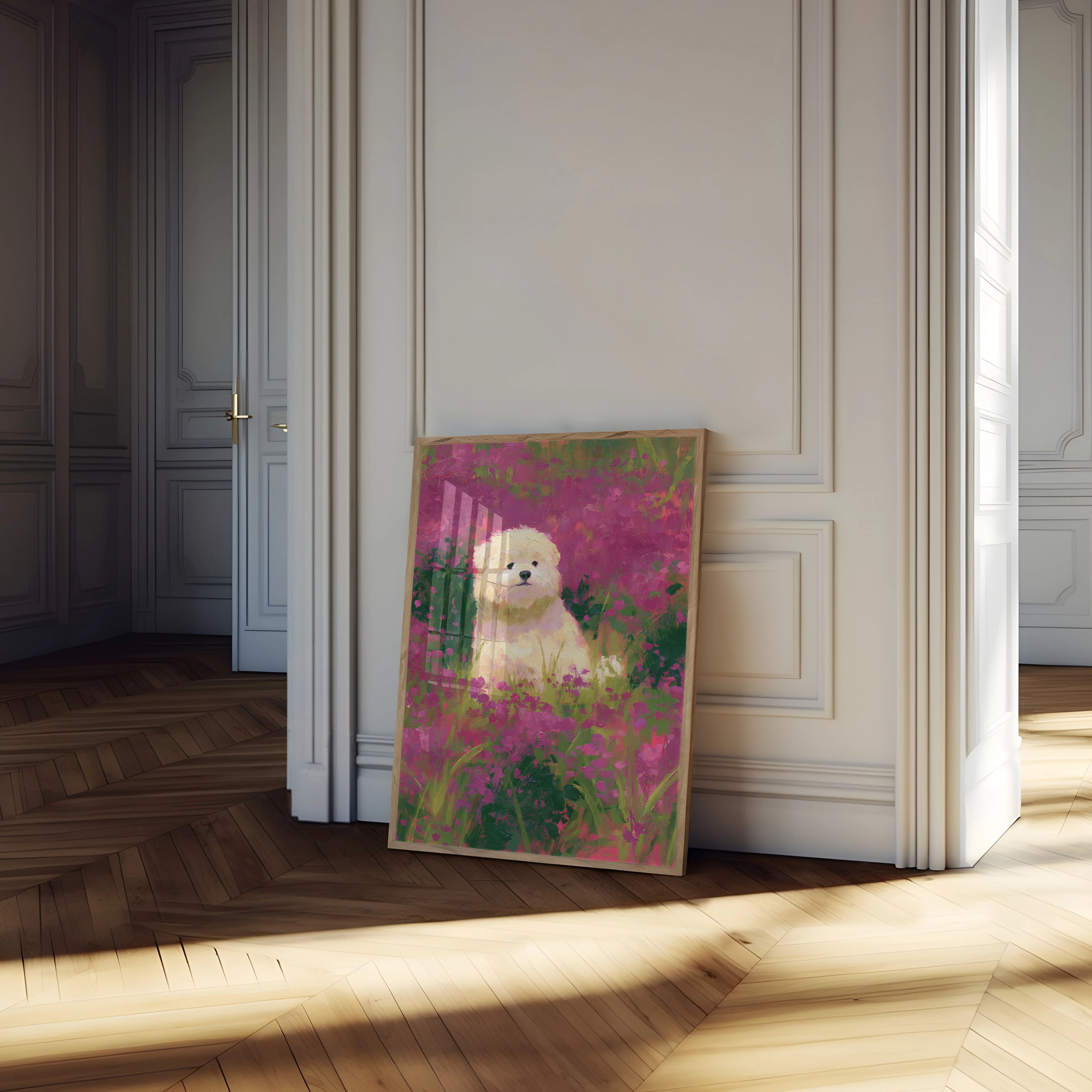 White Dog in Flower Garden Poster - Image 4