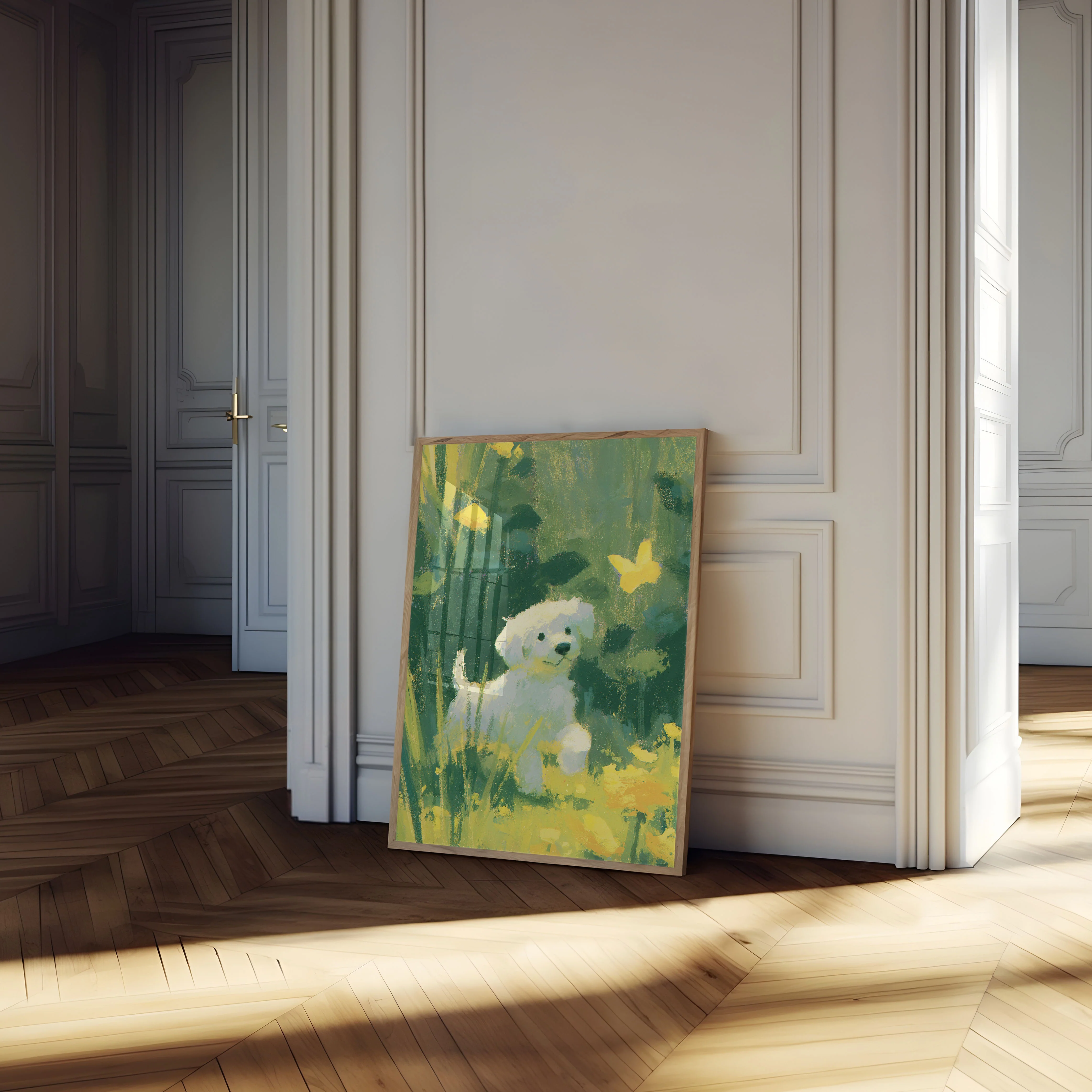White Dog in Yellow Flowers Poster - Image 4