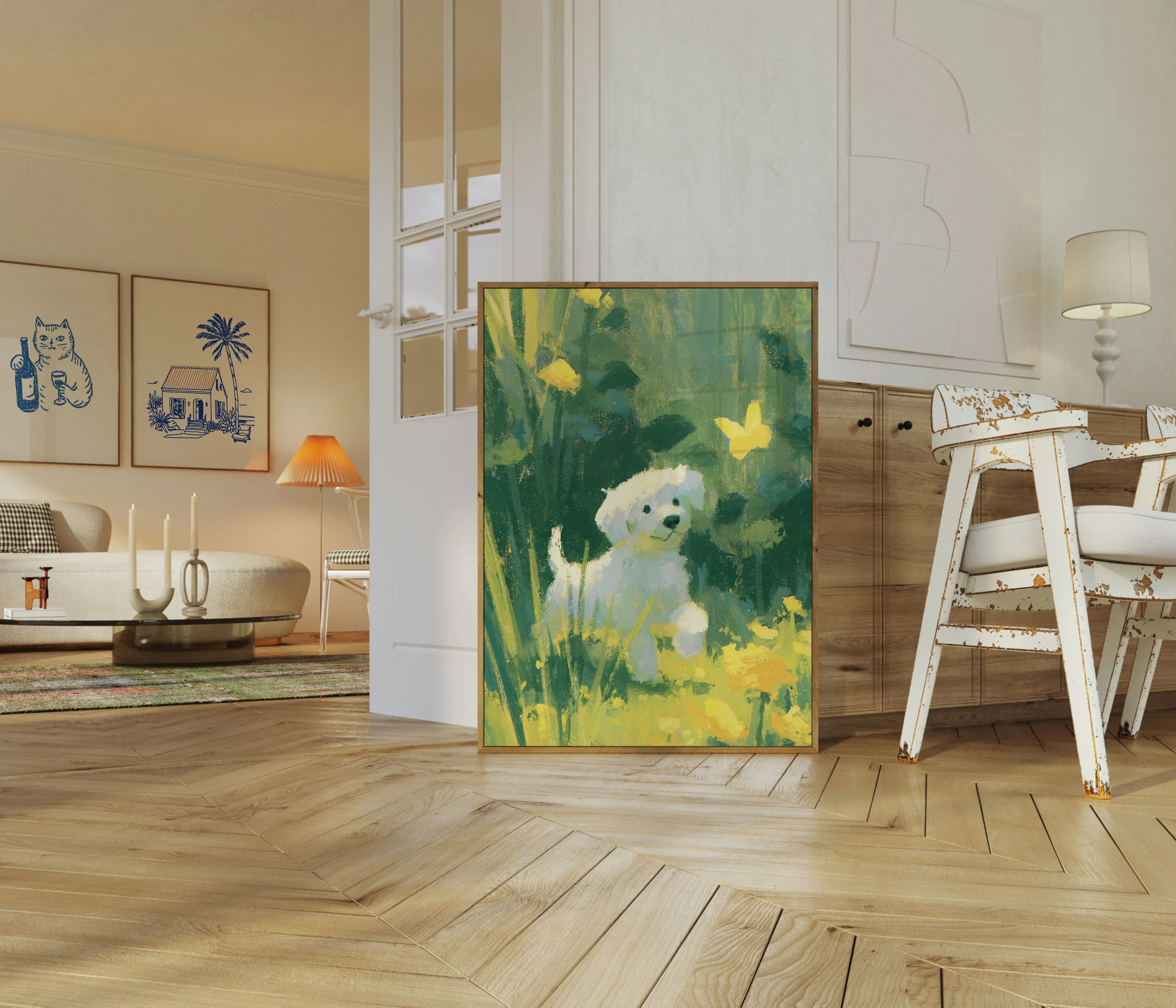 White Dog in Yellow Flowers Poster - Image 5