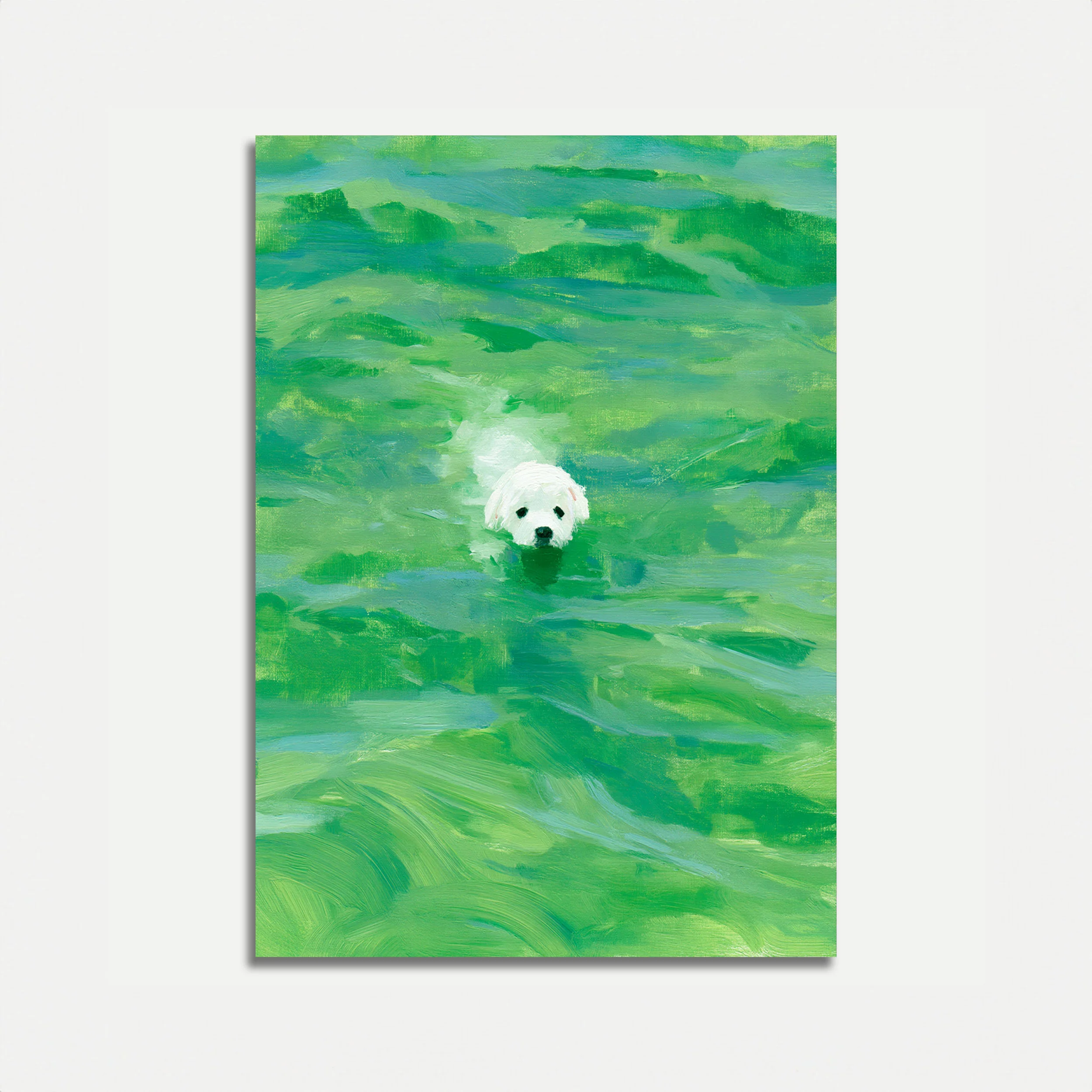 White Dog Swimming in Green Poster