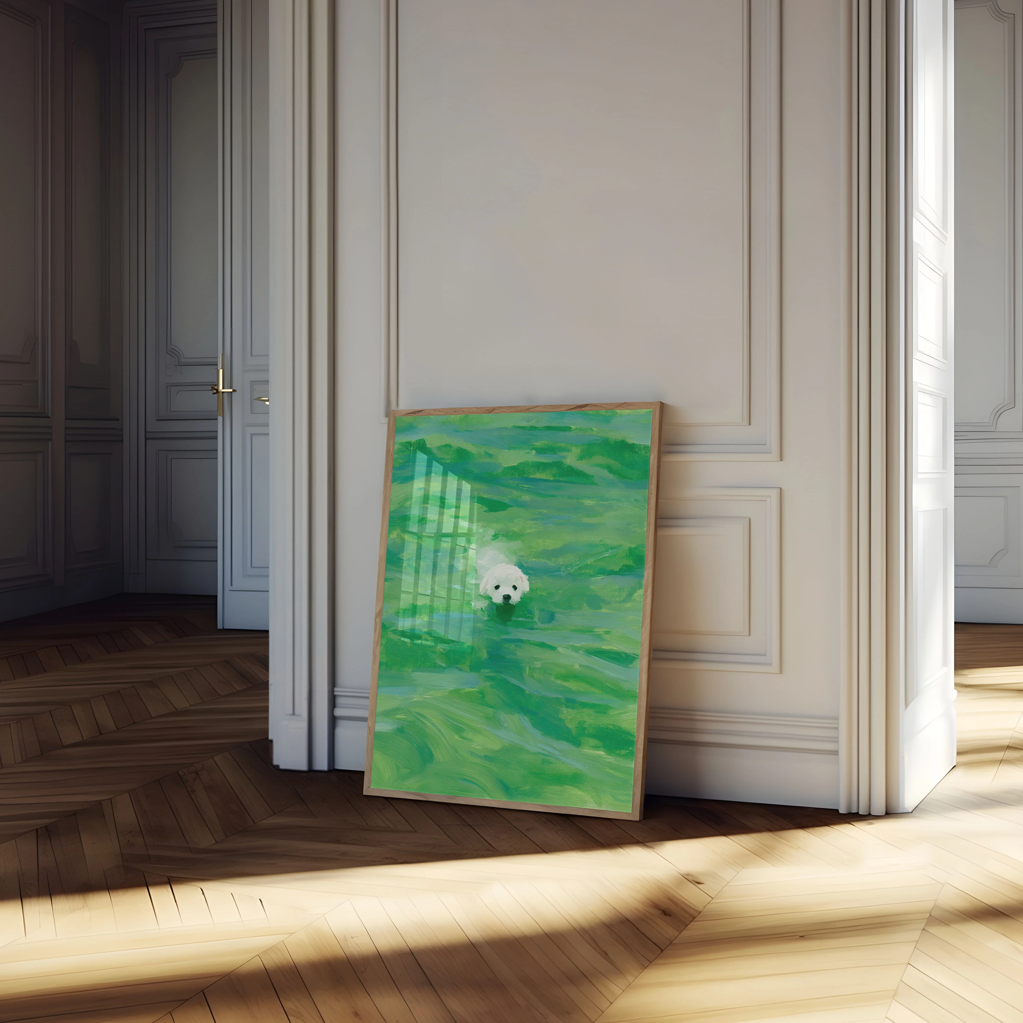 White Dog Swimming in Green Poster - Image 4