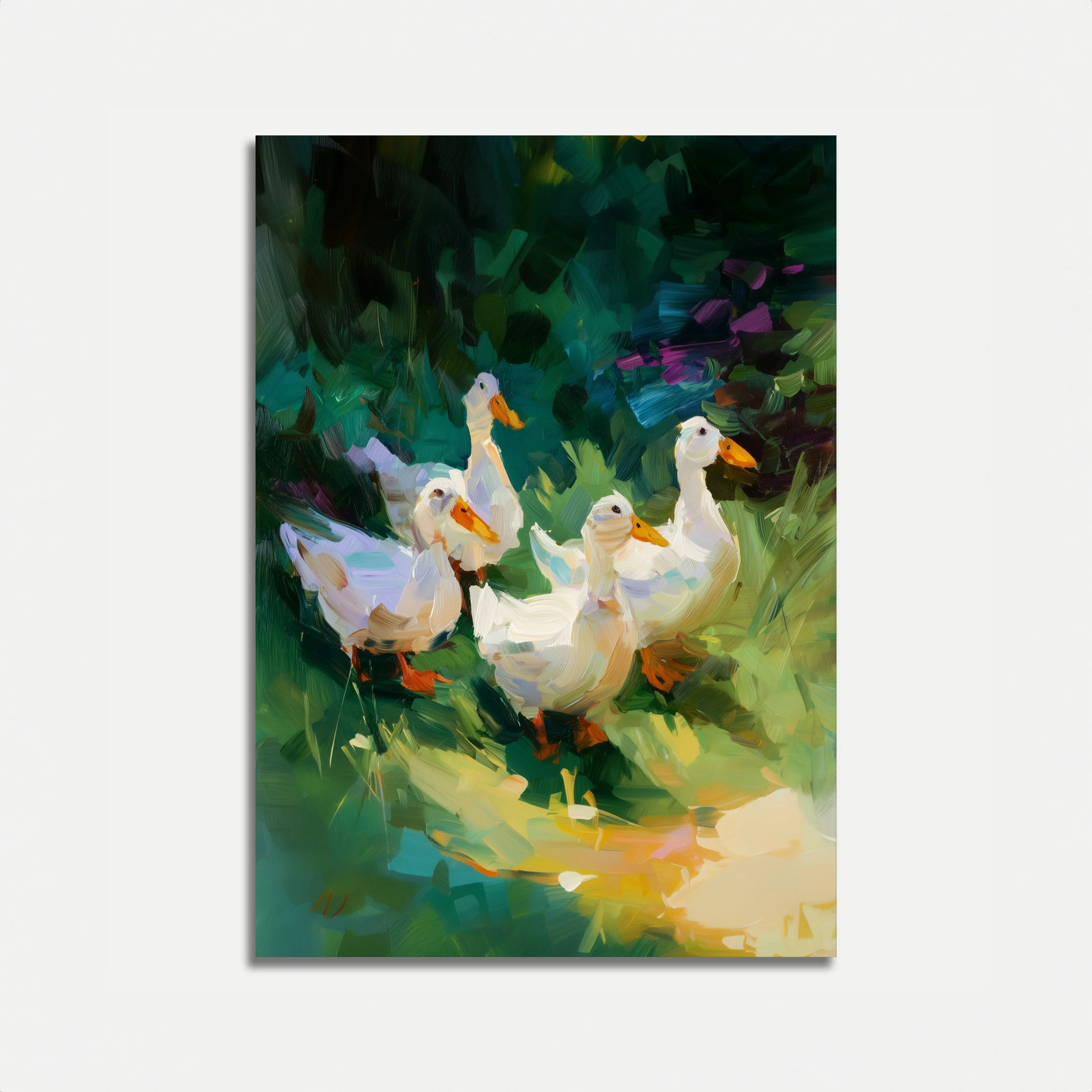 White Ducks in Green Meadow Poster