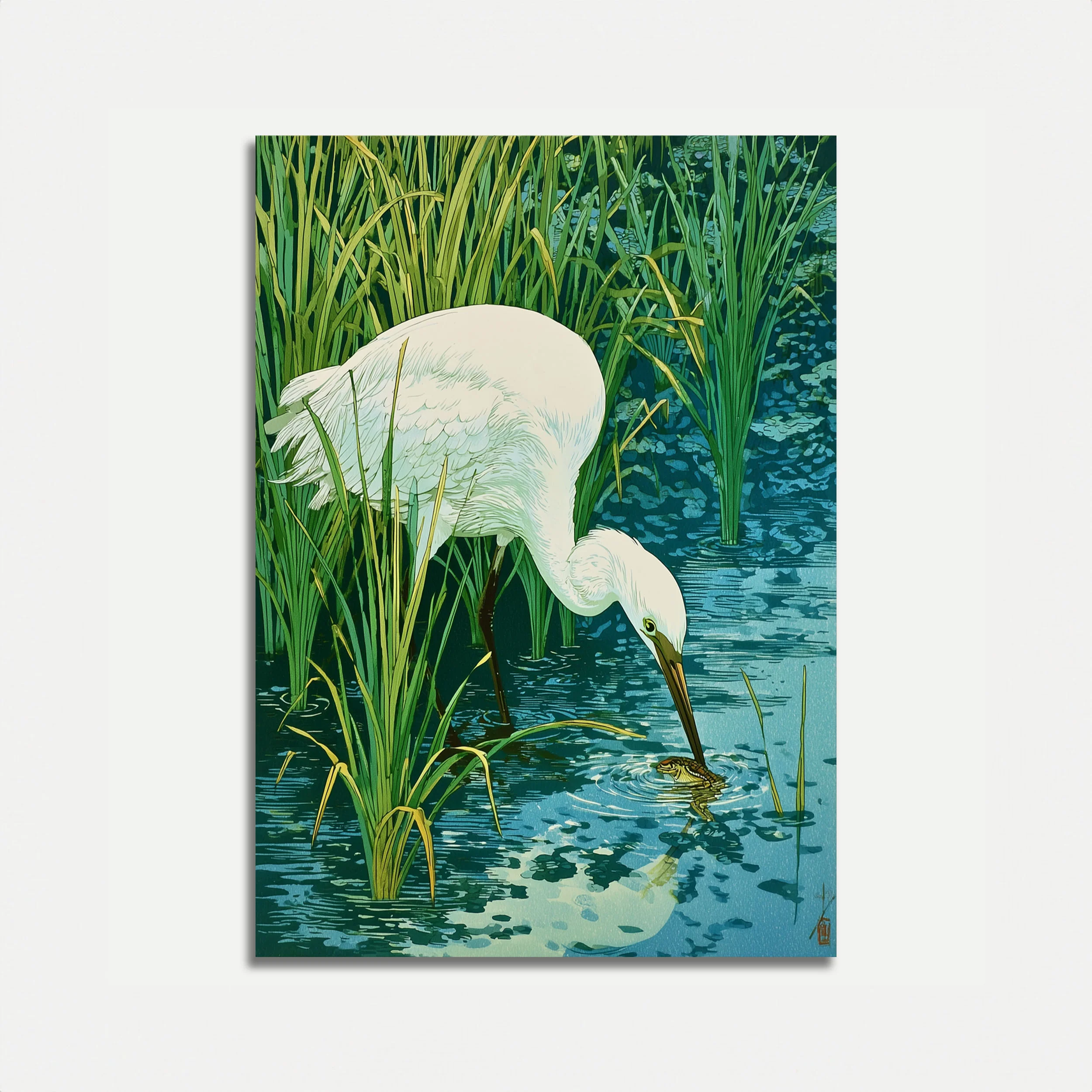 White Egret Fishing in Wetlands Poster