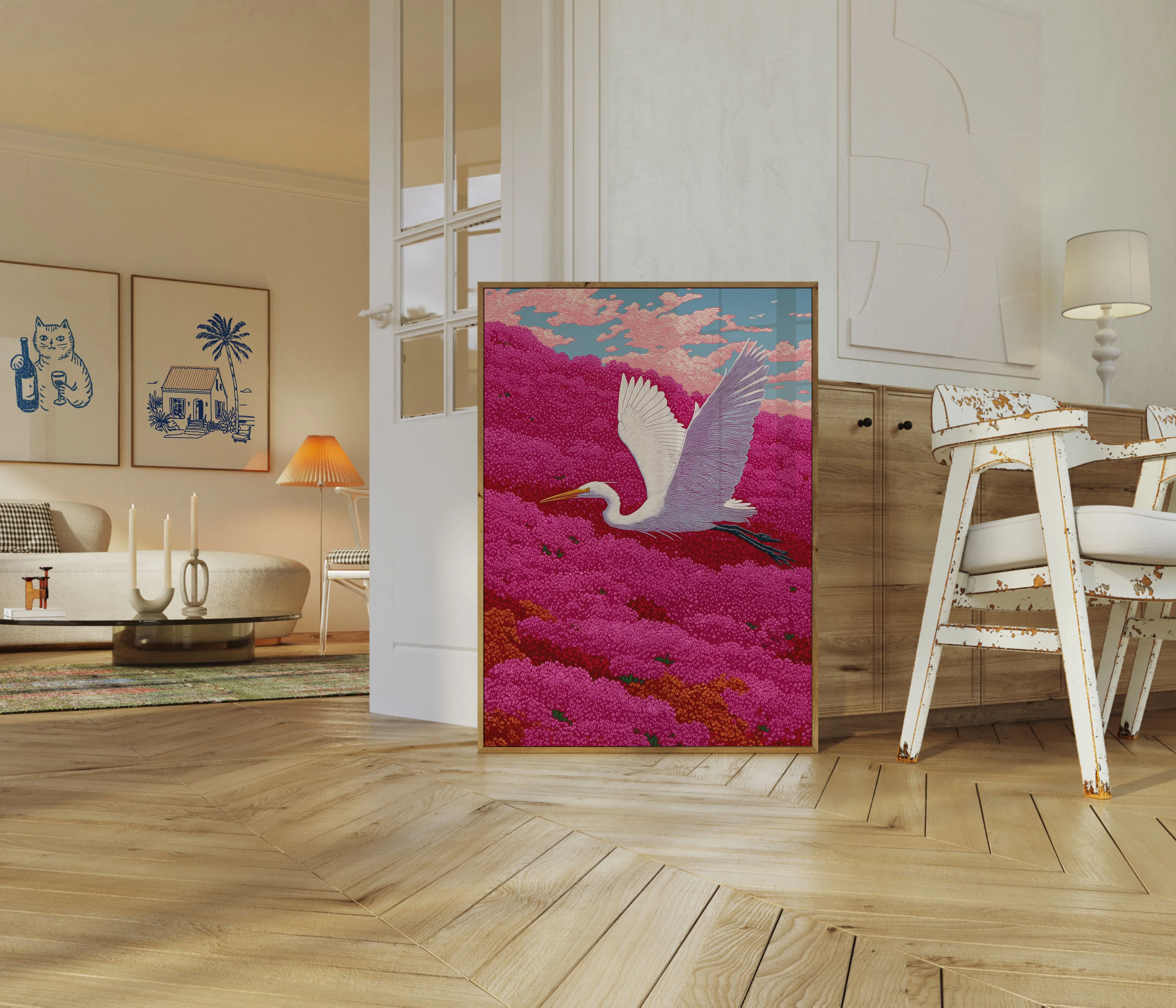 White Heron in Flower Field Poster - Image 5