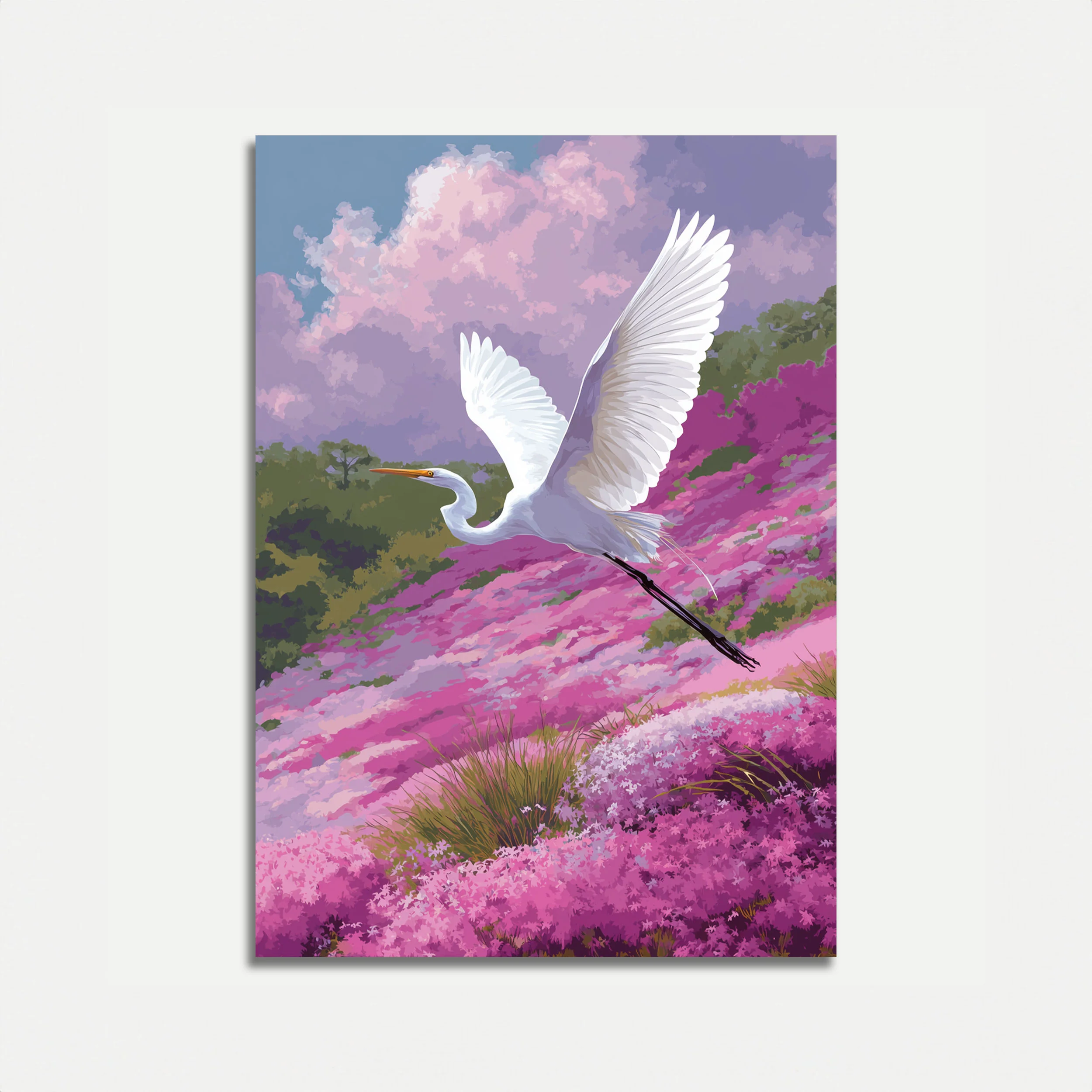 White Heron in Flowering Meadow Poster