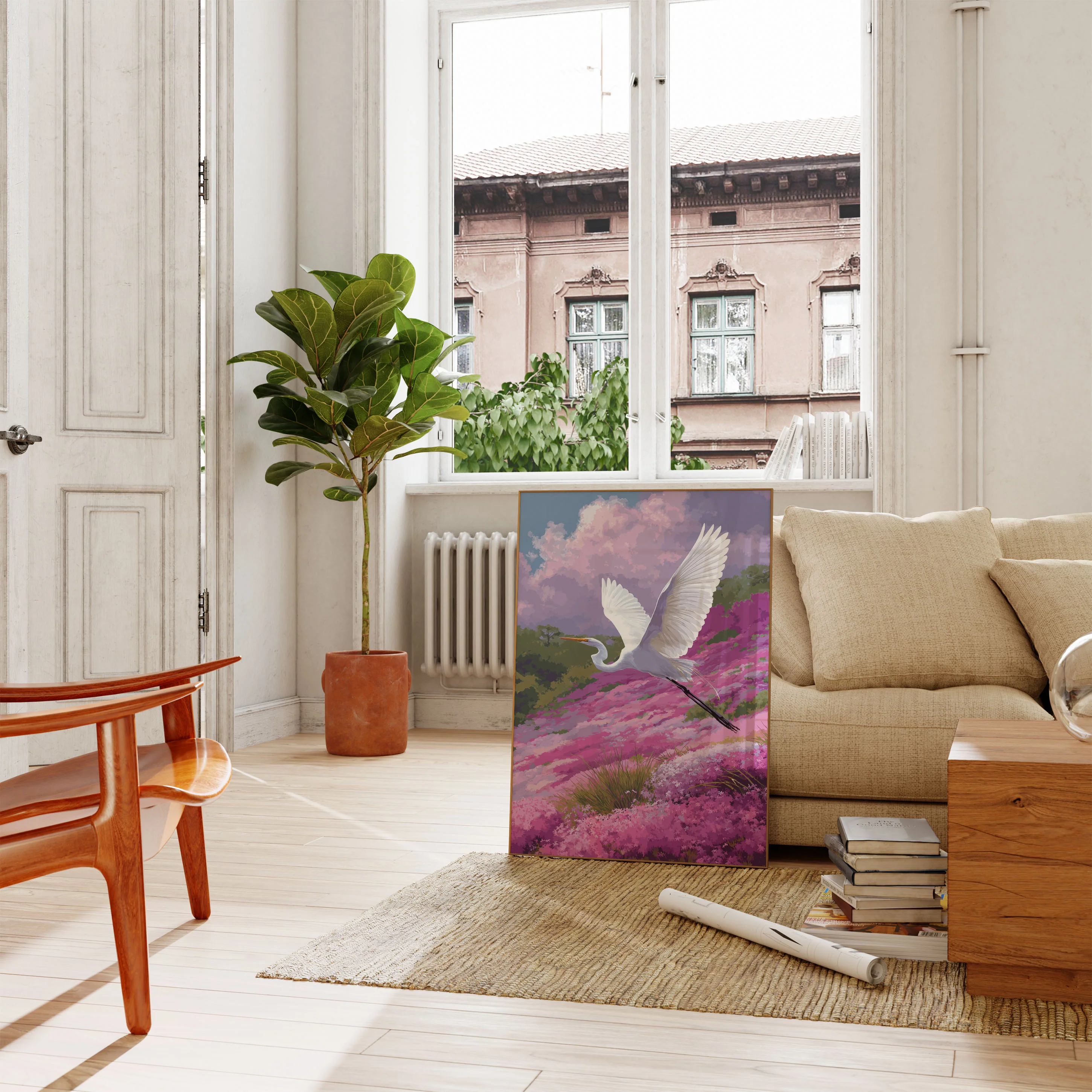 White Heron in Flowering Meadow Poster - Image 2