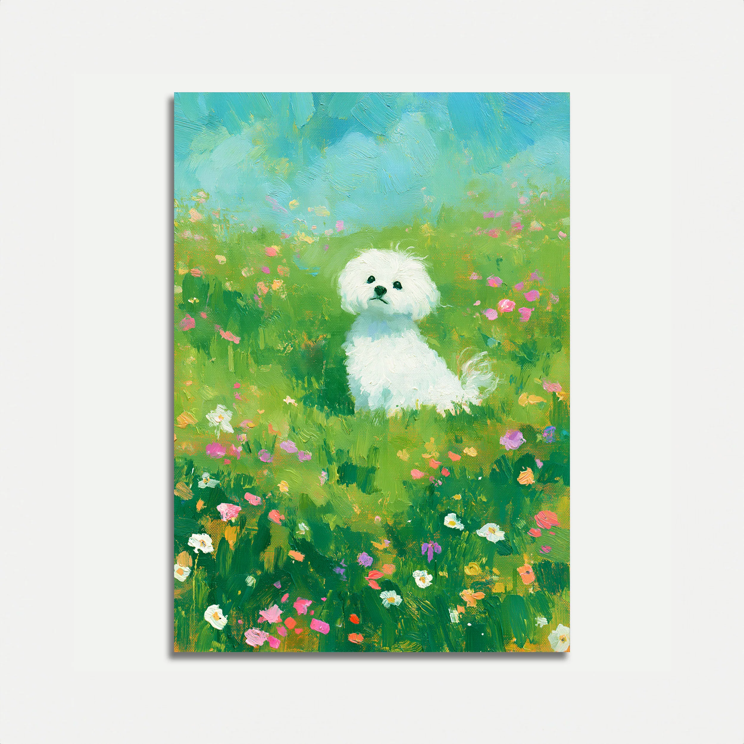 White Puppy in Flower Meadow Poster
