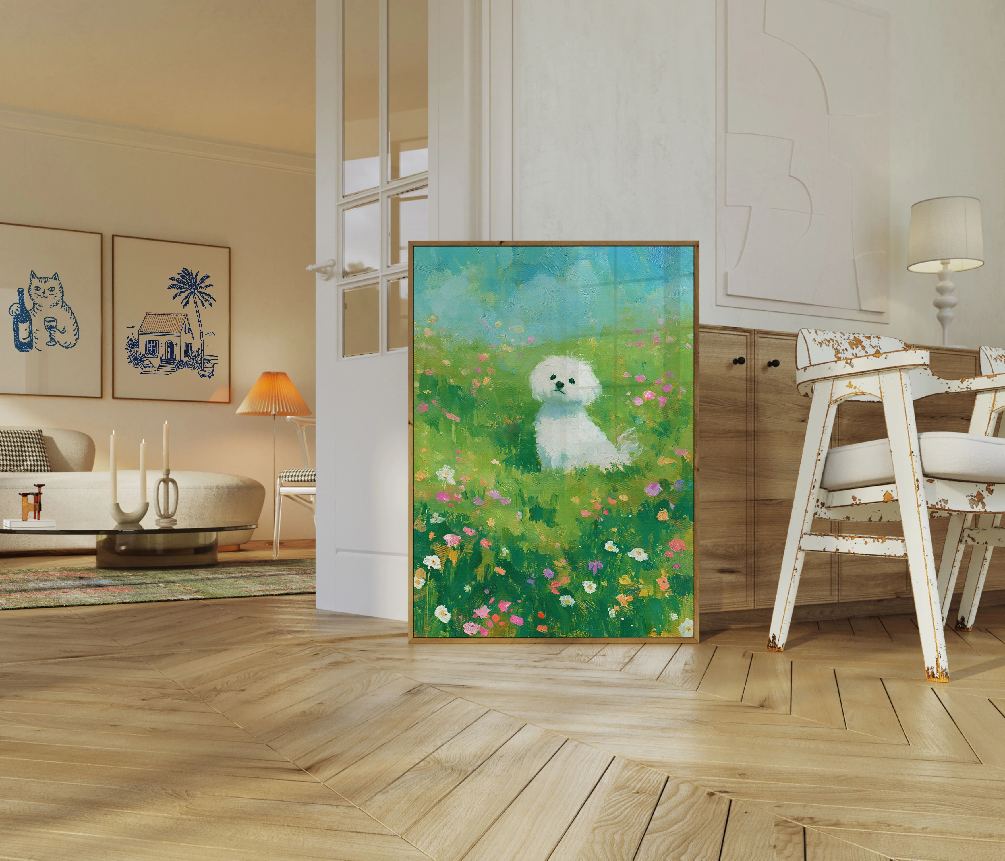 White Puppy in Flower Meadow Poster - Image 5