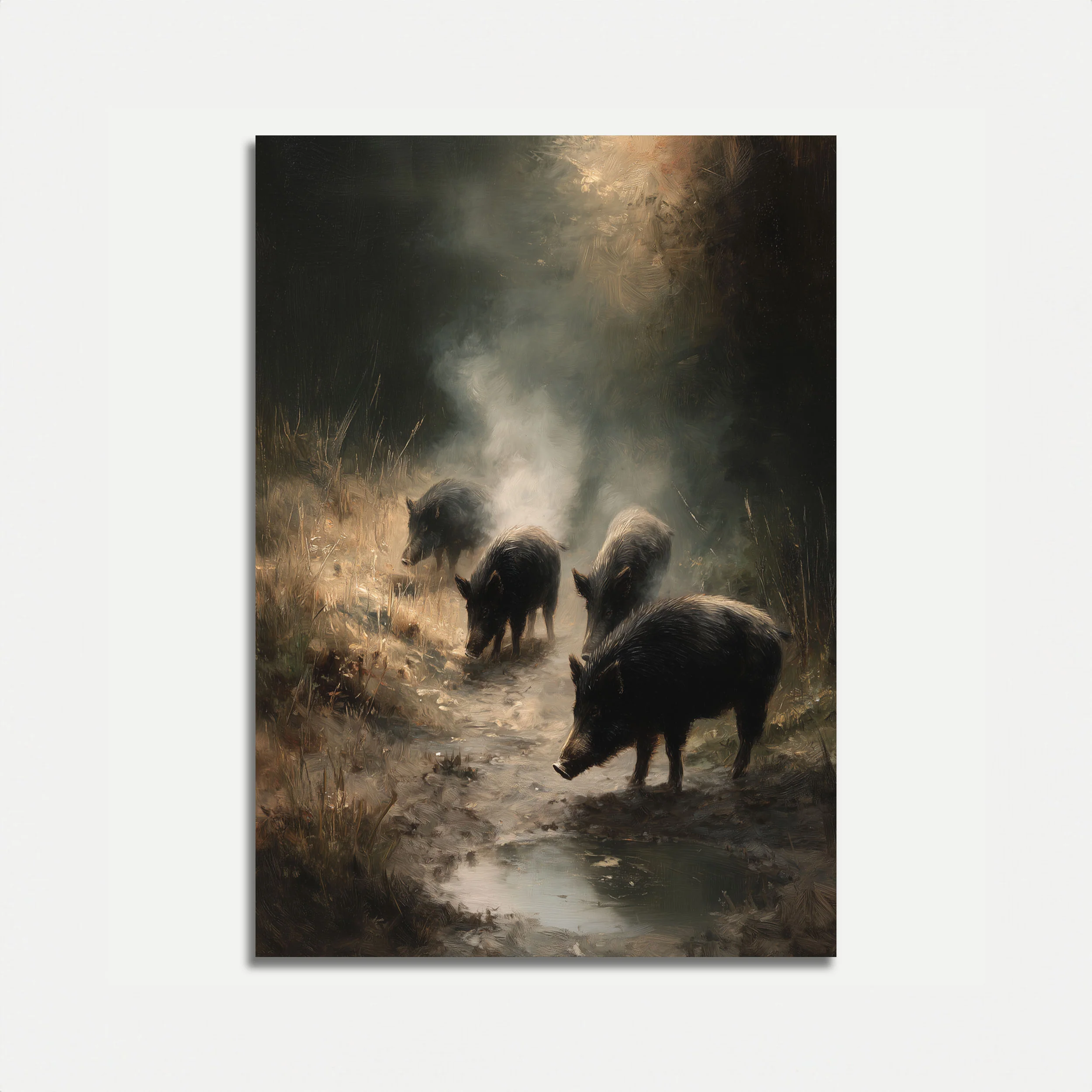 Wild Boars in Misty Forest Poster