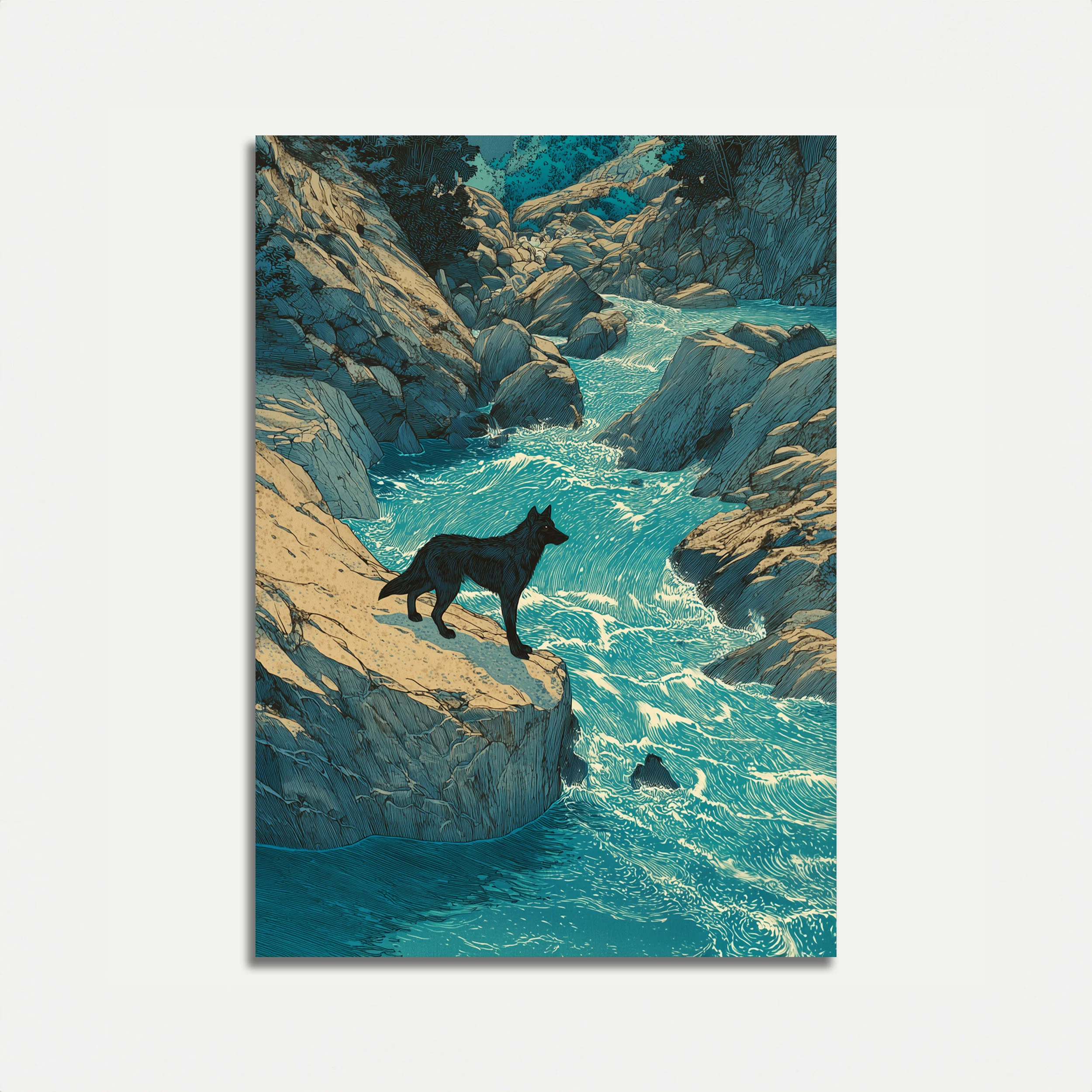 Wolf by Rocky Coastal Stream Poster