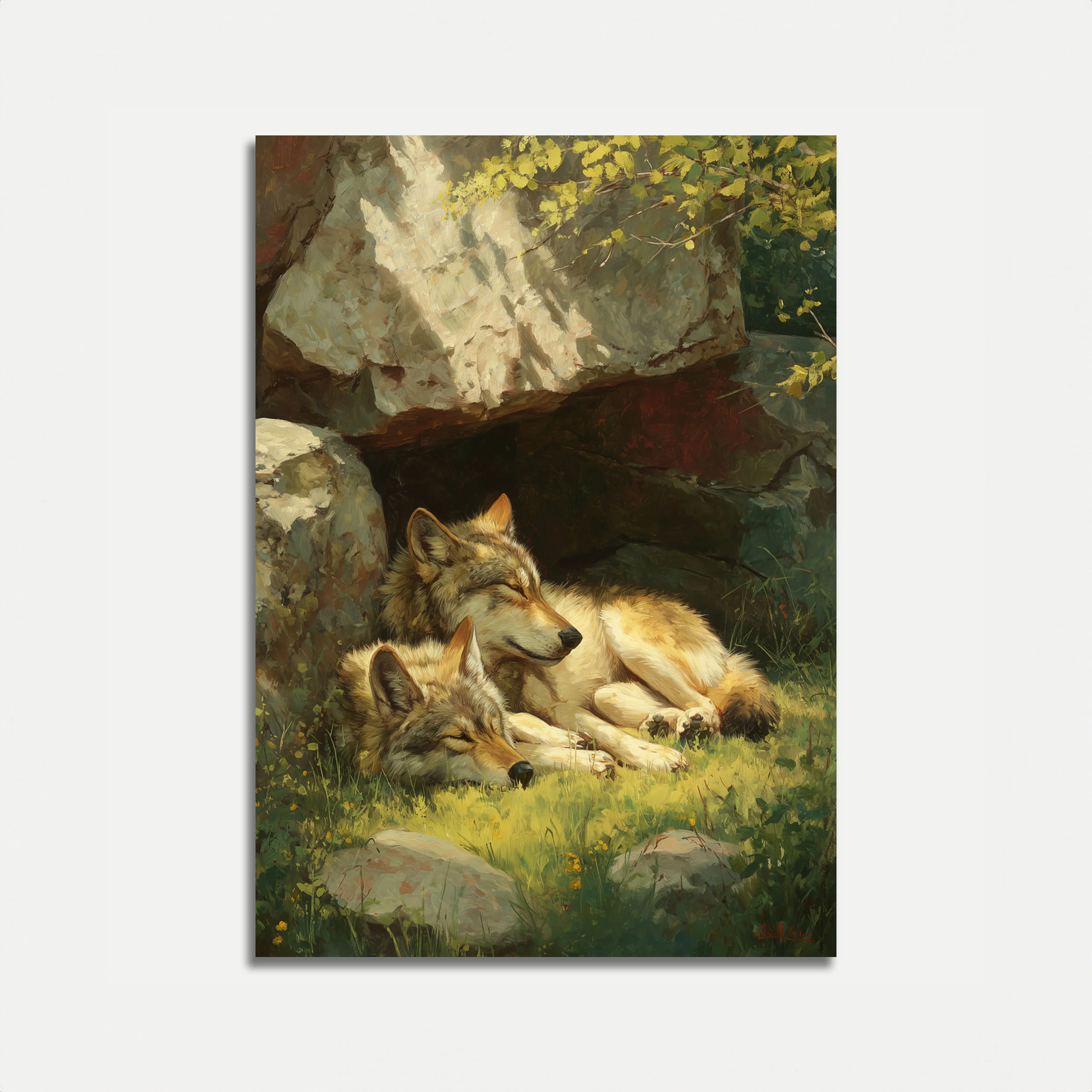 Wolves Resting by Rocky Cave Poster